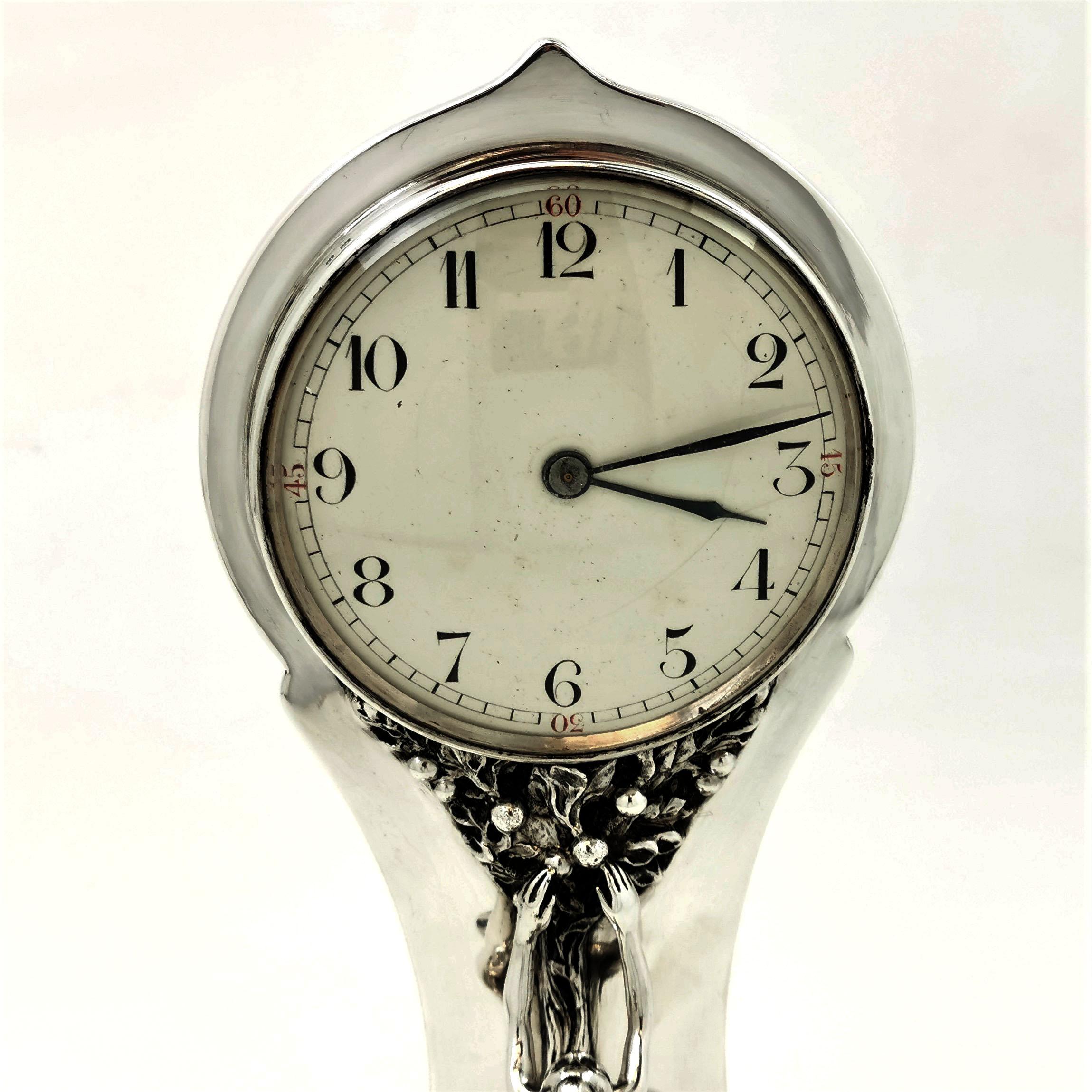 20th Century Antique Silver Art Nouveau Table Clock Mantle 1913 Tree of Life Design For Sale