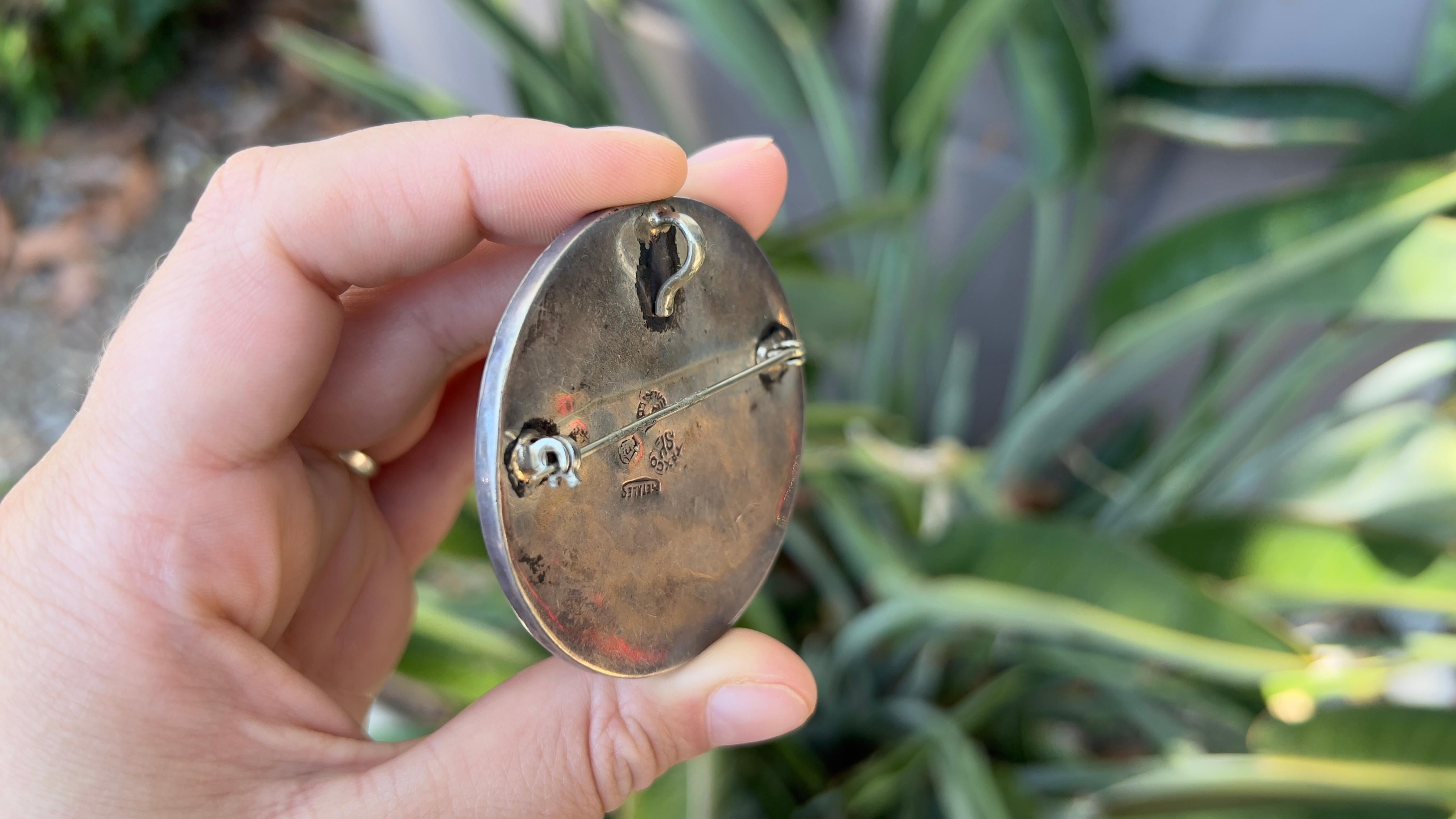 Antique Silver Aztec Pendant/Brooch Natural Stone In Excellent Condition For Sale In Carlsbad, CA