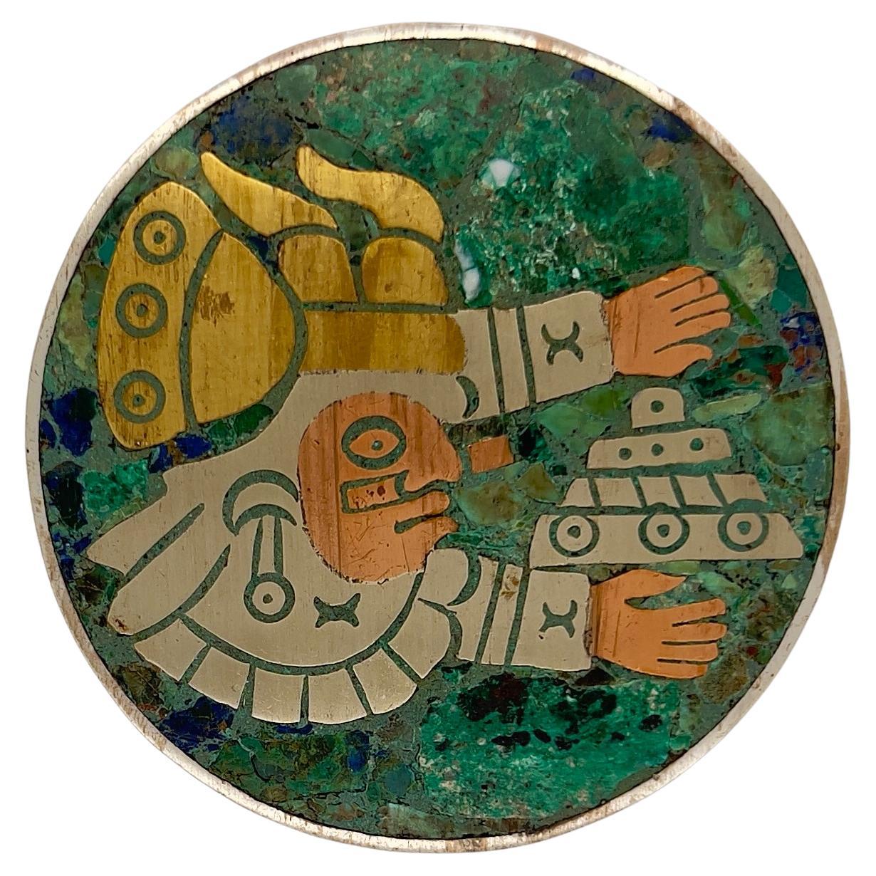 Antique Silver Aztec Pendant/Brooch Natural Stone 