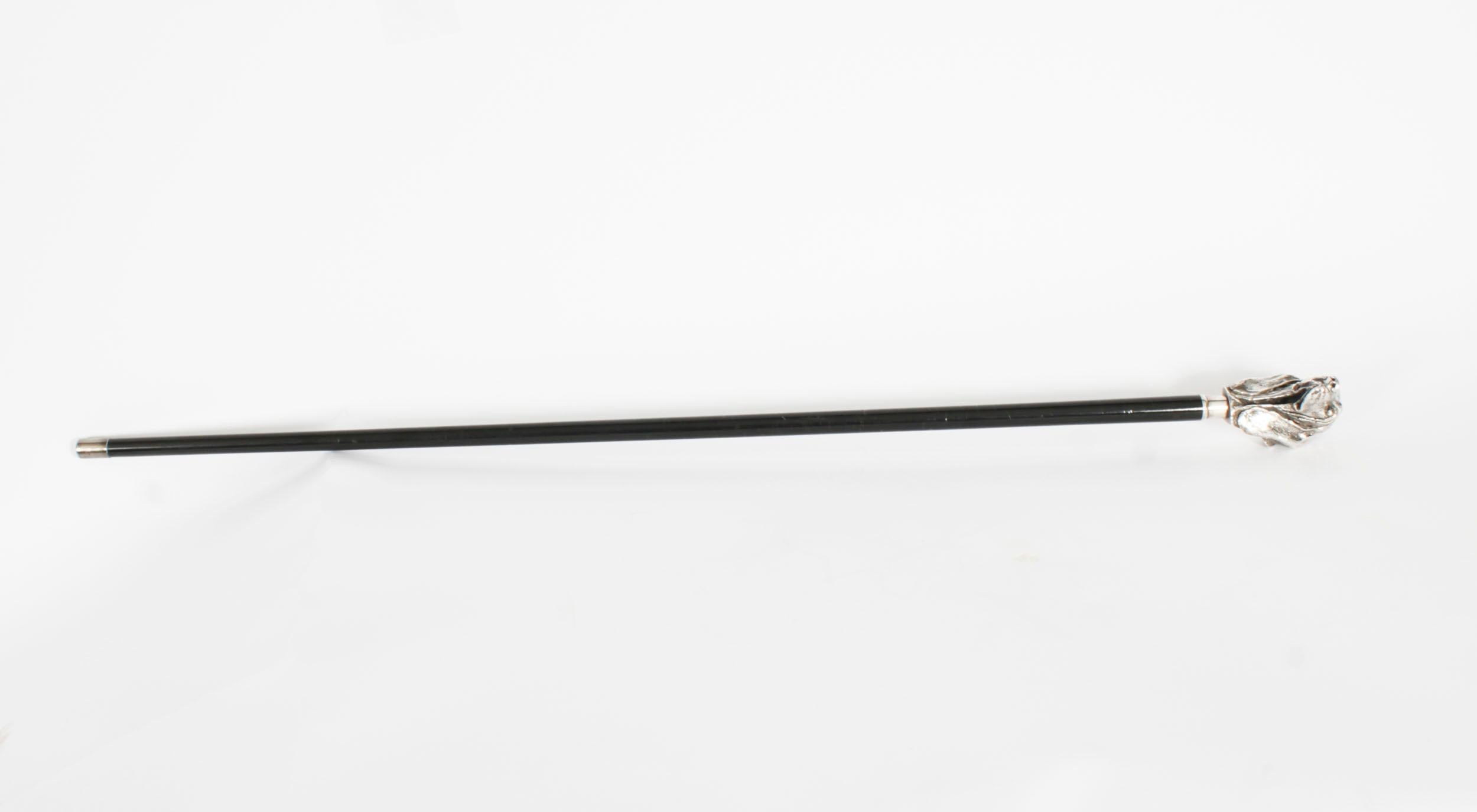 This is a beautiful antique sterling silver dog's head handle walking stick, circa 1880 in date

The striking stick features an ornate continental silver basset hound dog's head handle stamped B-25 and 925 on a gentle tapering ebonised hardwood
