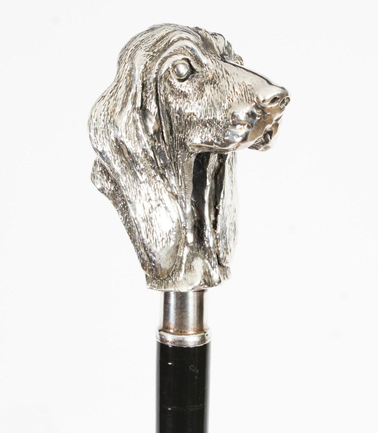 Ebonized Antique Silver Bassett Dog's Head Walking Cane Stick Late 19th Century