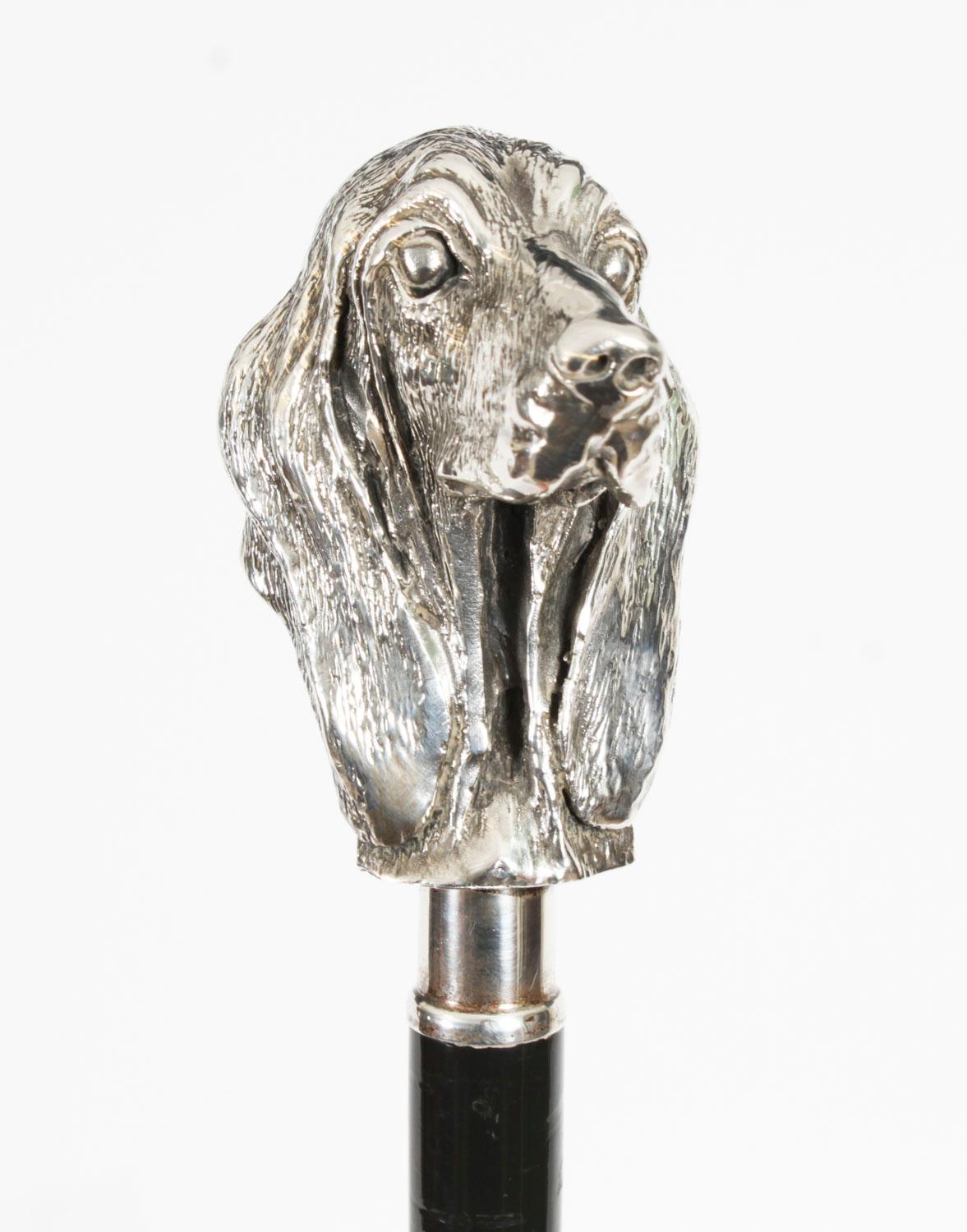 Antique Silver Bassett Dog's Head Walking Cane Stick Late 19th Century In Good Condition In London, GB