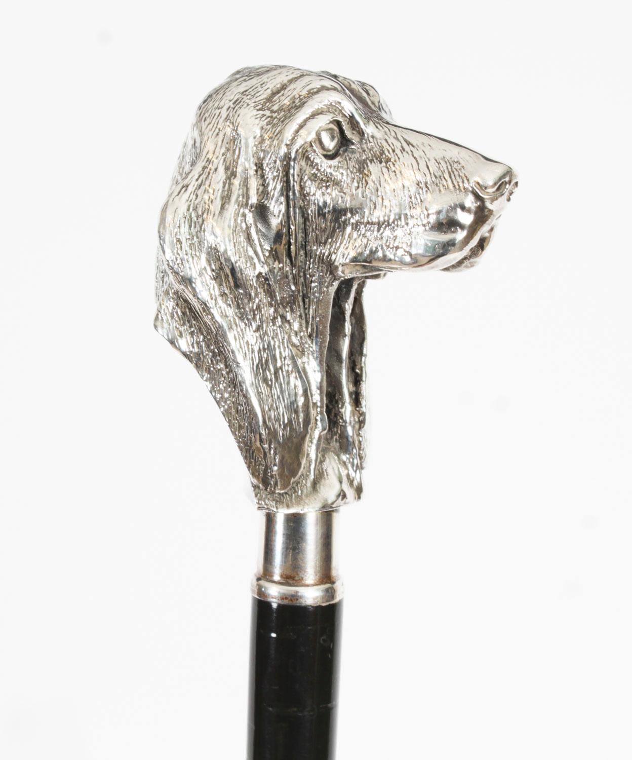 Sterling Silver Antique Silver Bassett Dog's Head Walking Cane Stick Late 19th Century