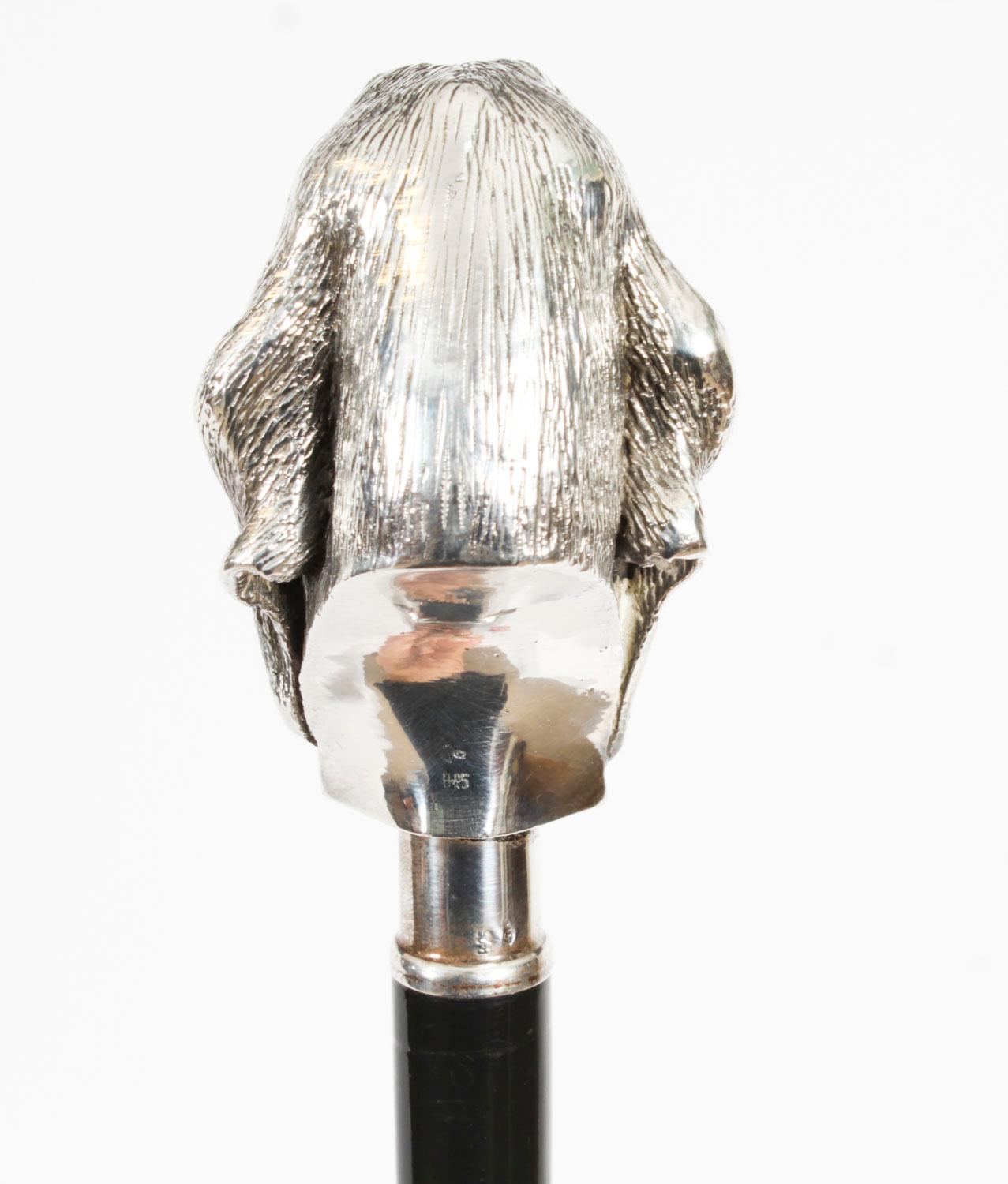 Antique Silver Bassett Dog's Head Walking Cane Stick Late 19th Century 1