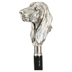 Antique Silver Bassett Dog's Head Walking Cane Stick Late 19th Century