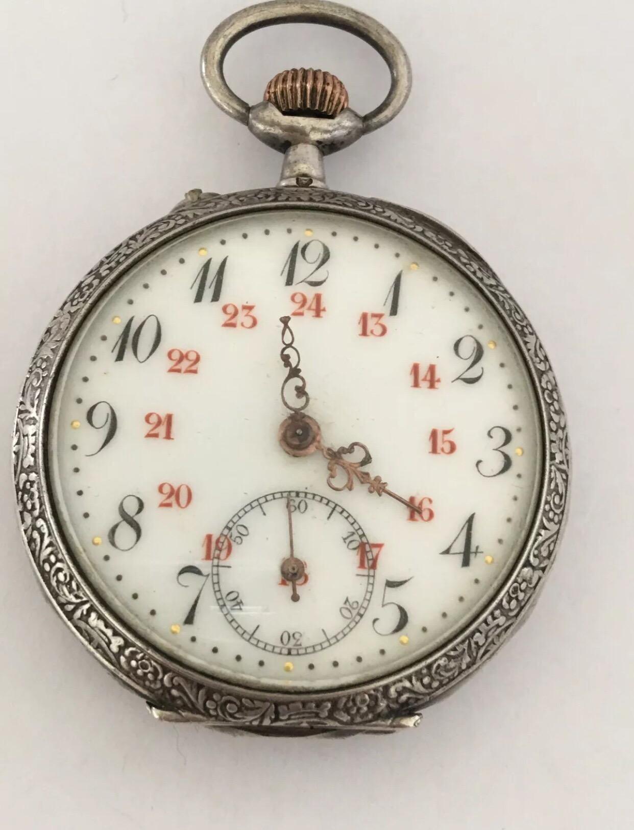 Antique Silver full Engraved Case Pocket Watch (working).


This watch is working and ticking well. However, due to its Age, I cannot guarantee the time accuracy.
