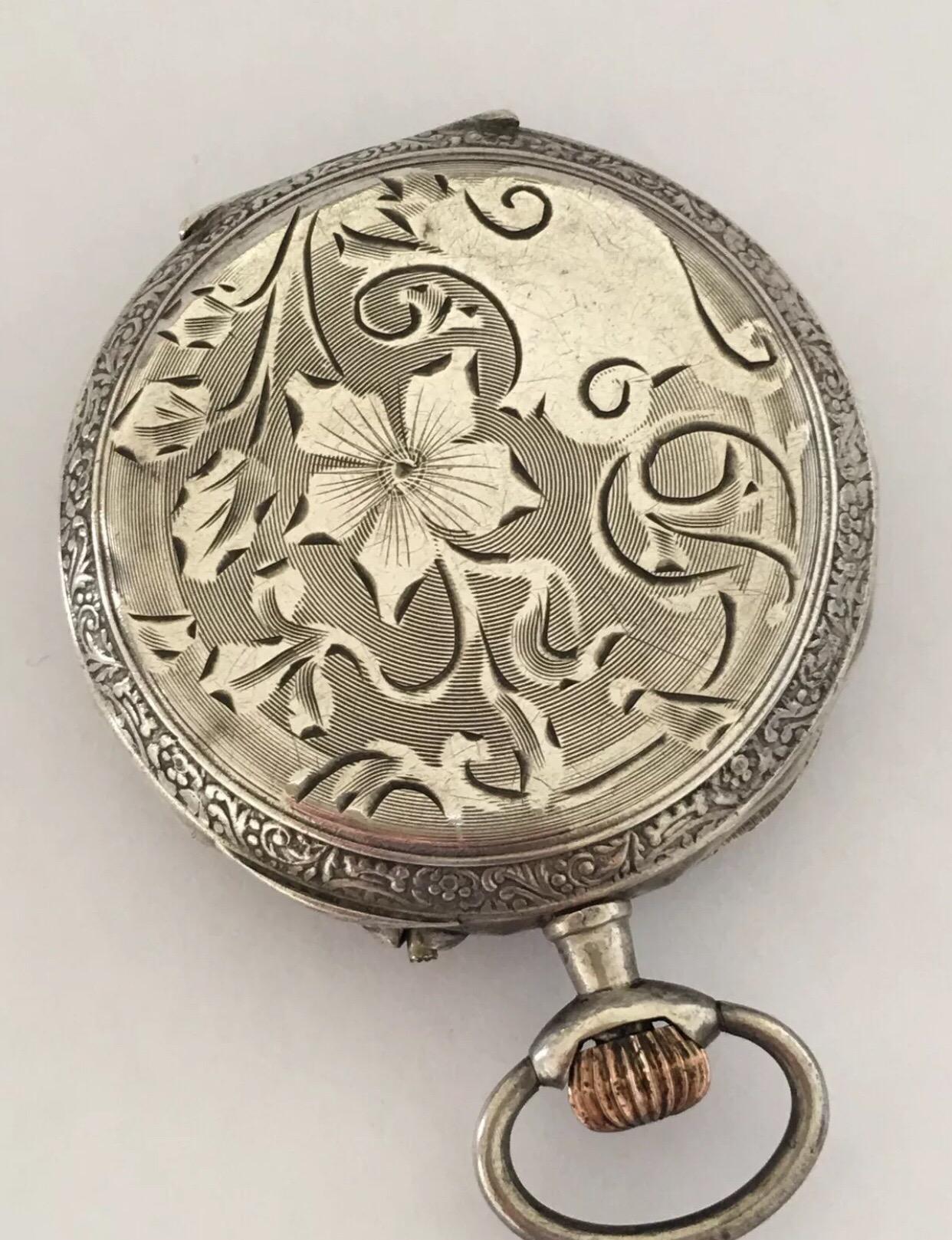 Women's or Men's Antique Silver Beautifully Engraved Case Pocket Watch
