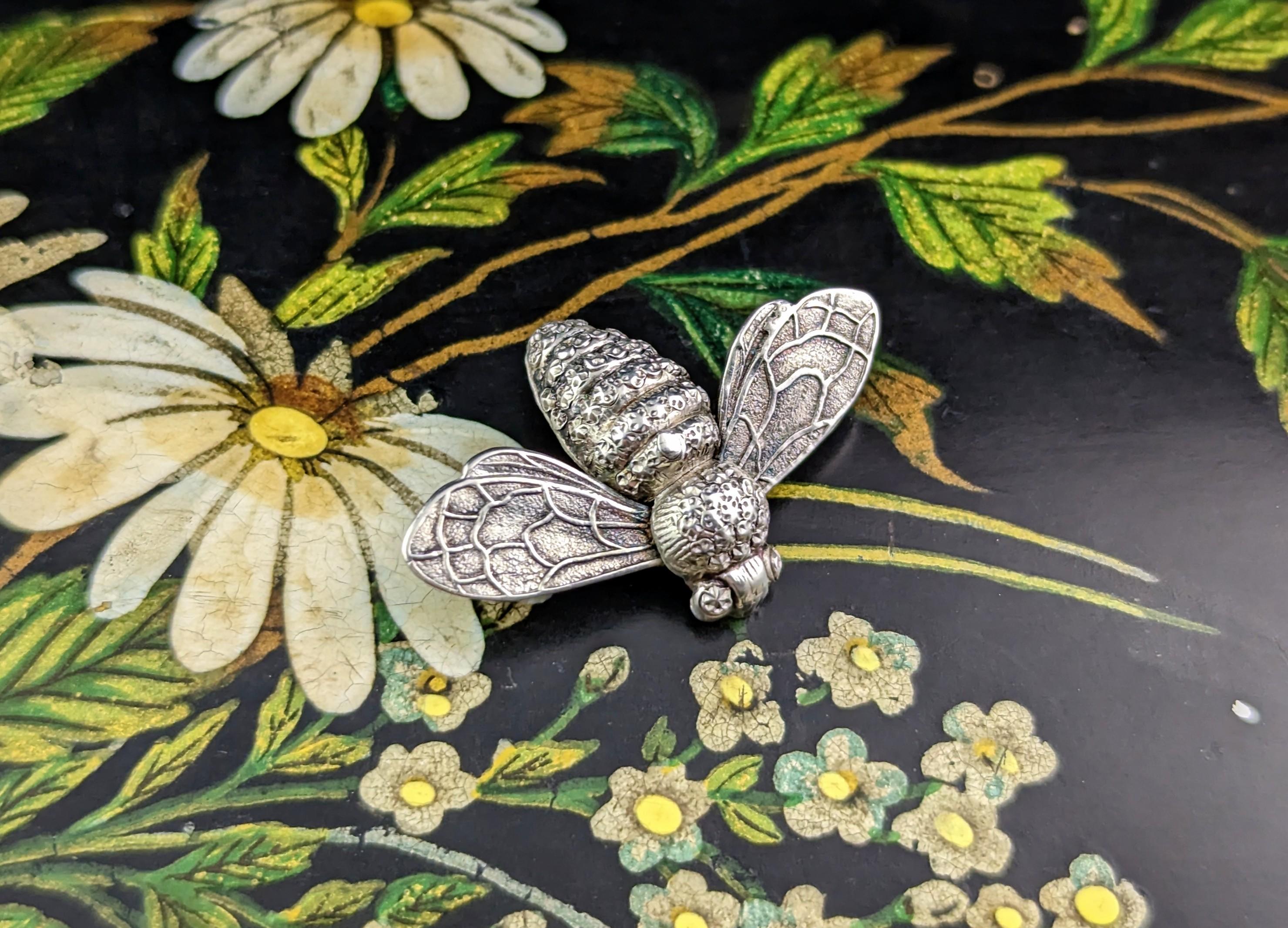Antique Silver Bee Brooch, Victorian, Sterling Silver Pin 4