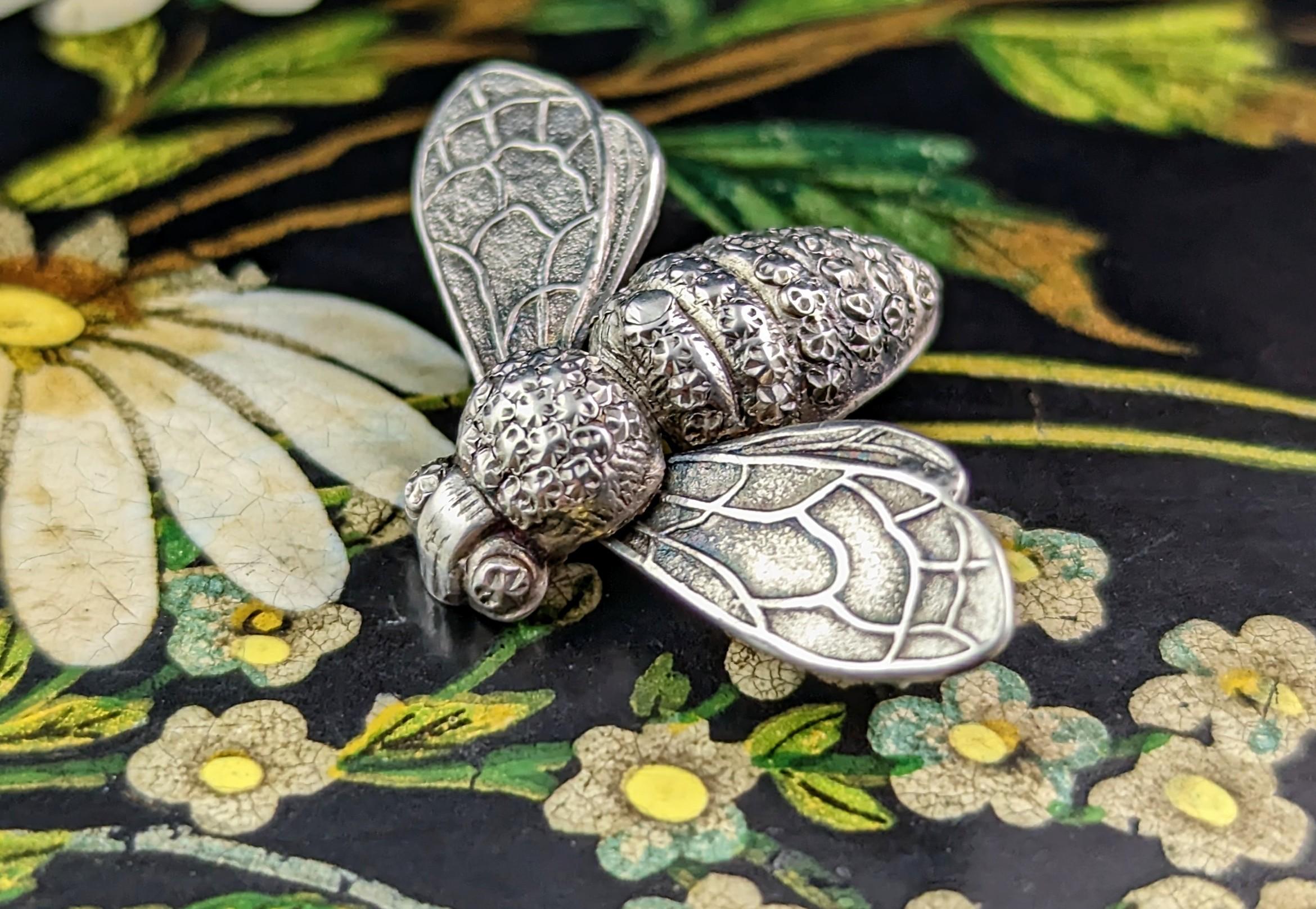 Antique Silver Bee Brooch, Victorian, Sterling Silver Pin 5