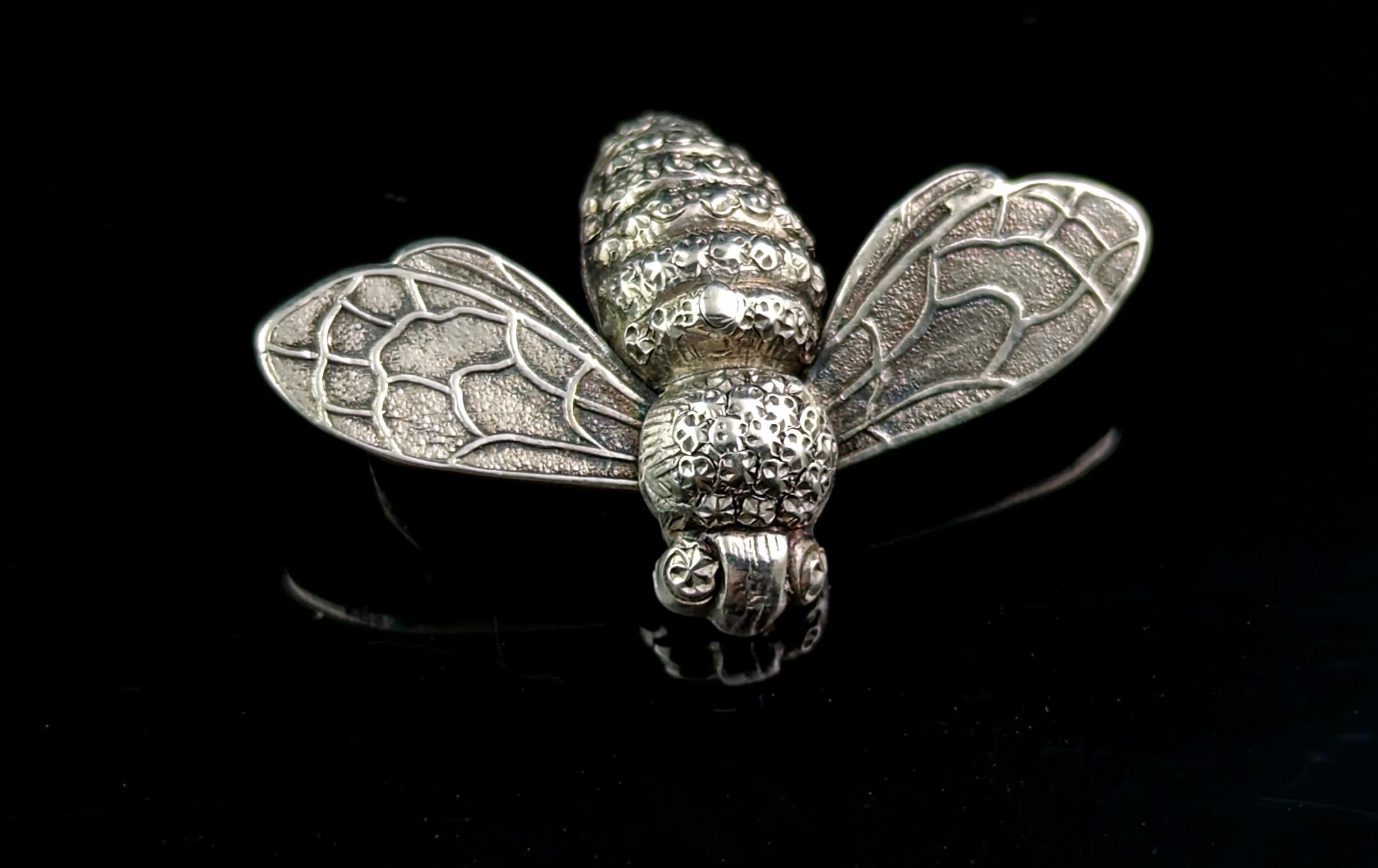 Women's or Men's Antique Silver Bee Brooch, Victorian, Sterling Silver Pin