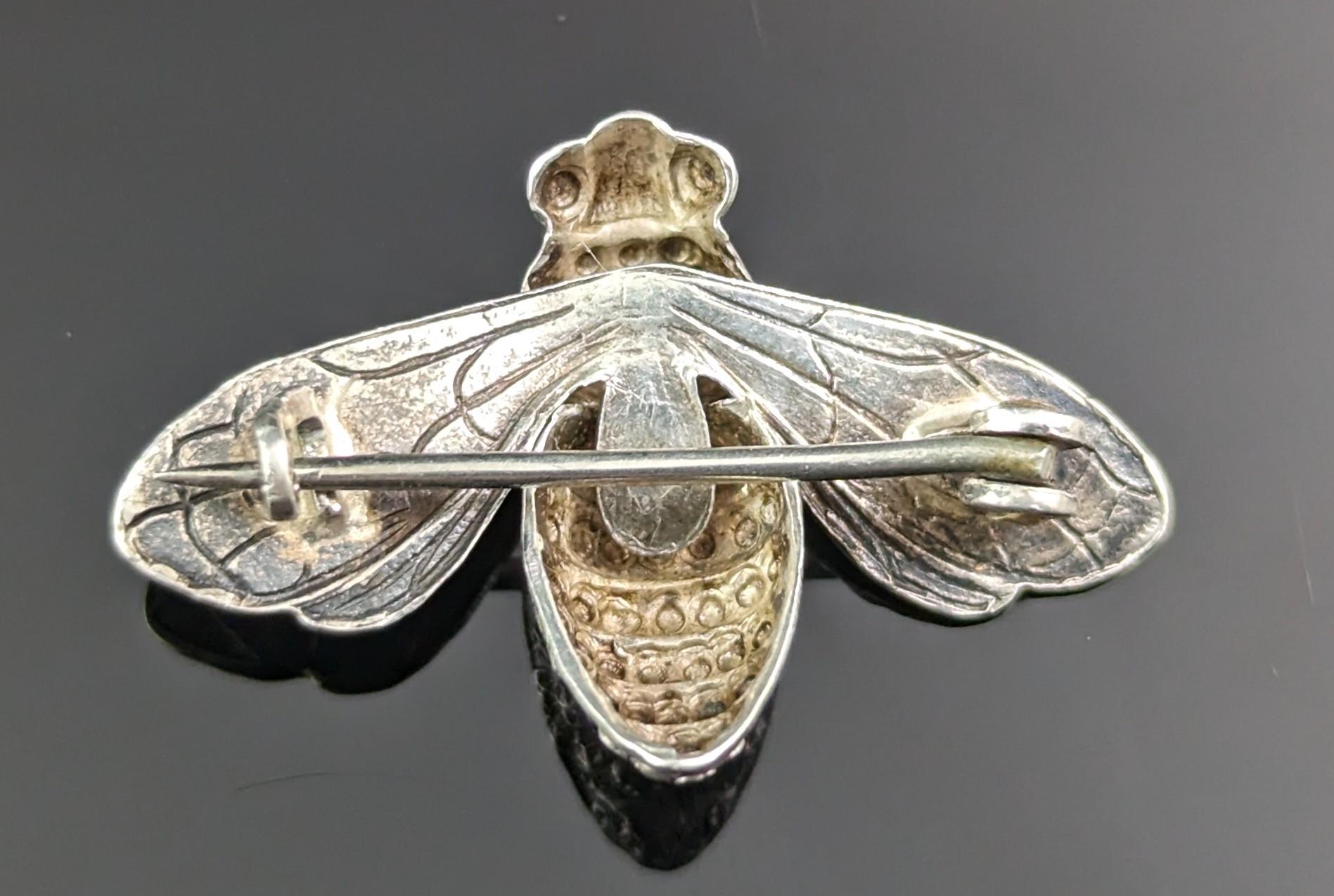 Antique Silver Bee Brooch, Victorian, Sterling Silver Pin 1