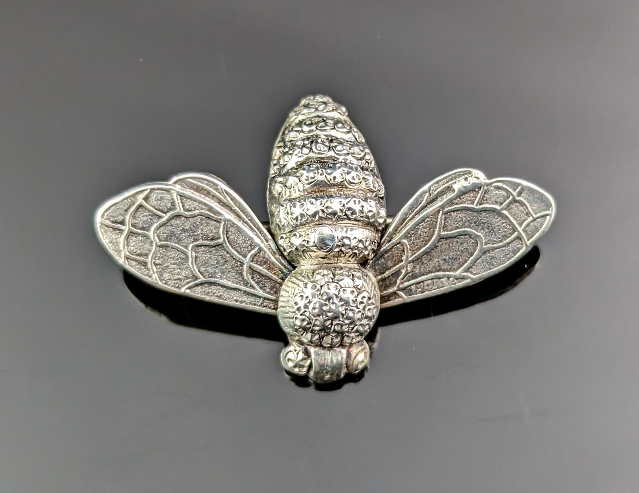 Antique Silver Bee Brooch, Victorian, Sterling Silver Pin 2