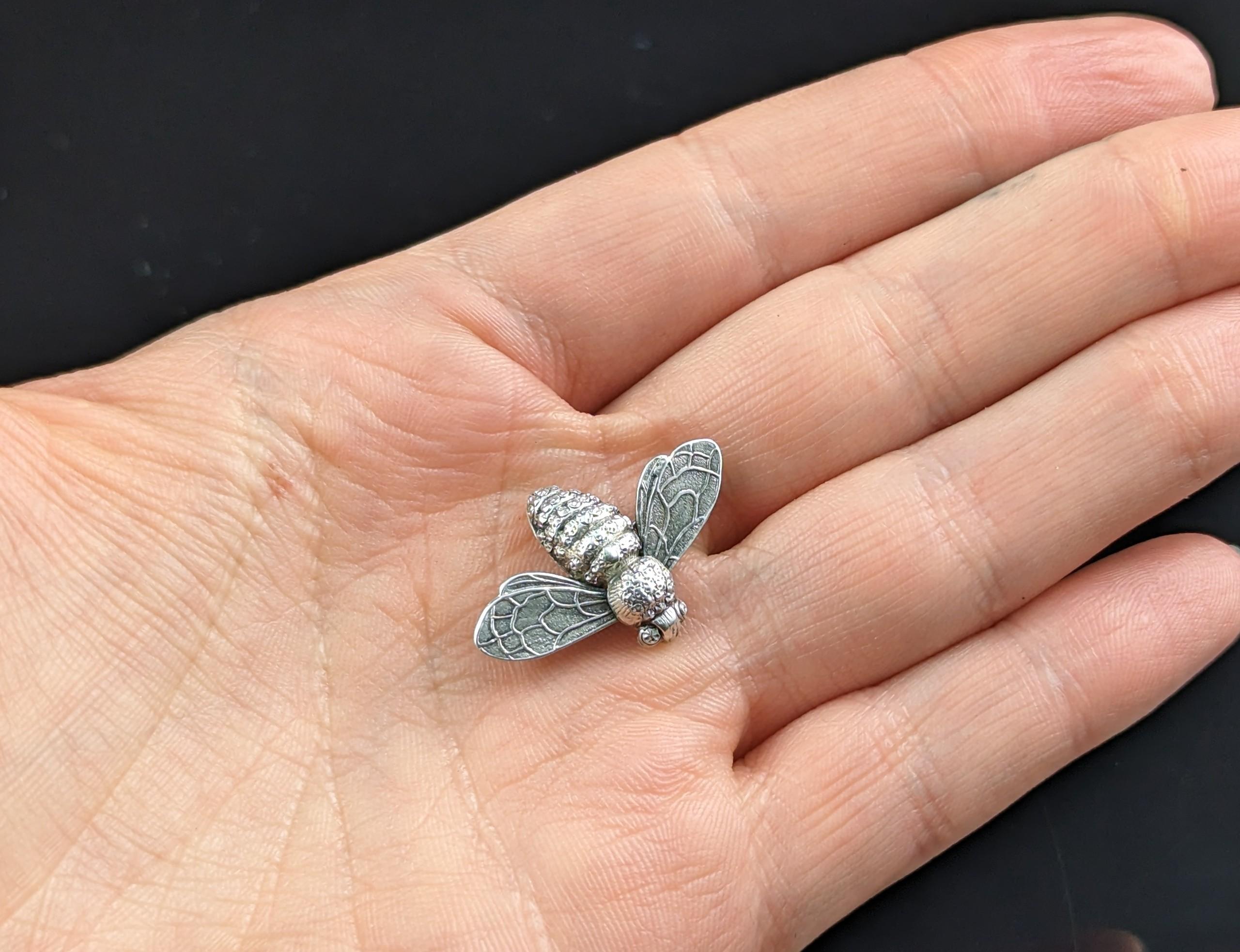 Antique Silver Bee Brooch, Victorian, Sterling Silver Pin 3