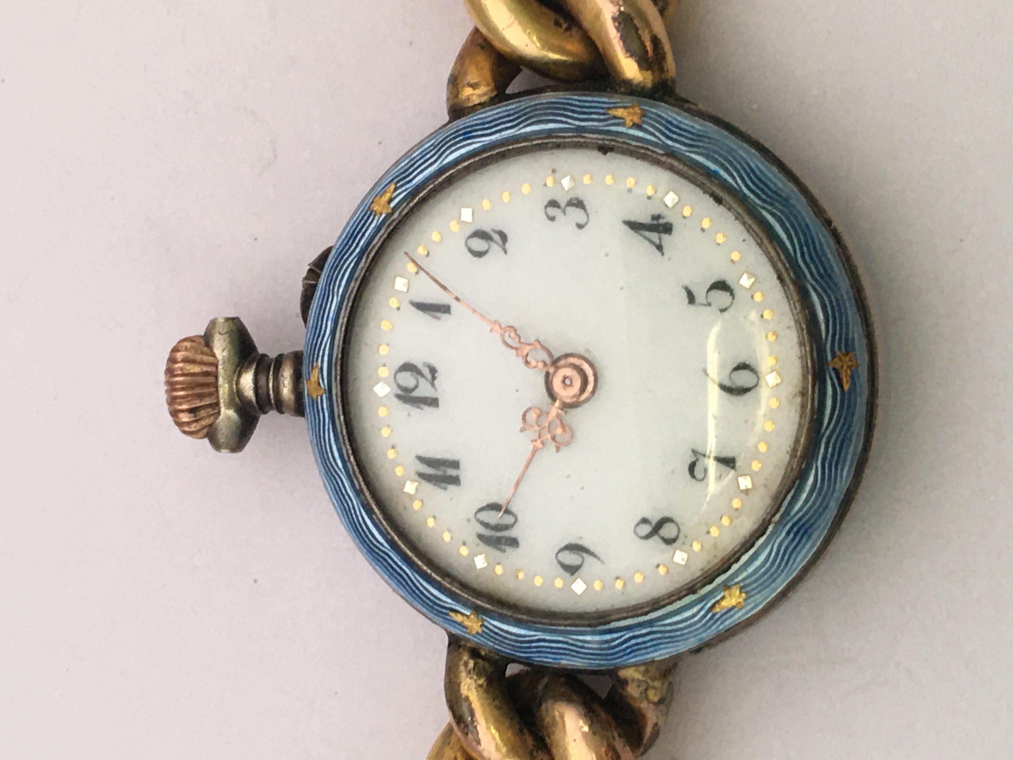 Antique Silver Blue Enamel Ladies Trench Watch For Sale 4