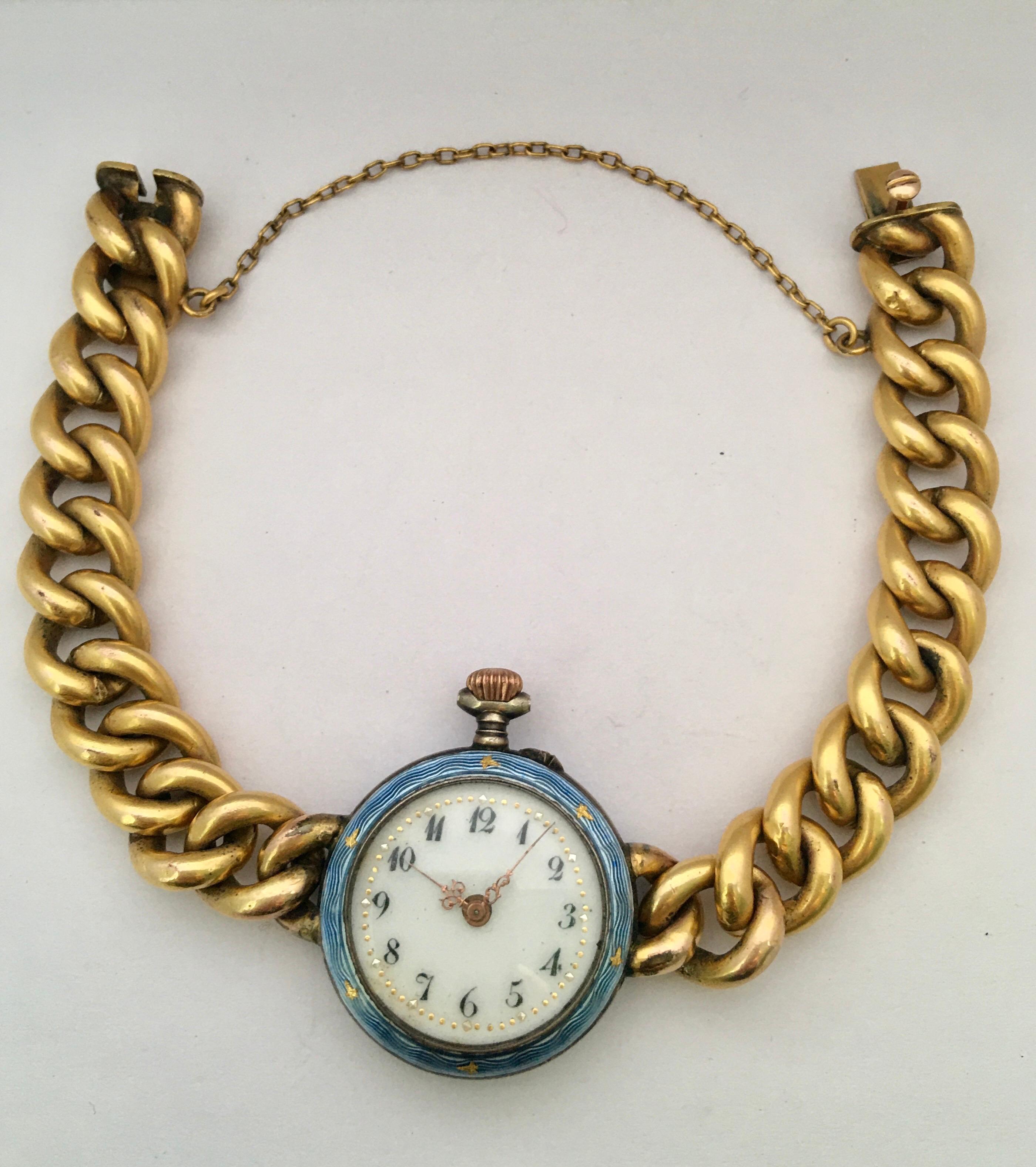 Antique Silver Blue Enamel Ladies Trench Watch For Sale 5