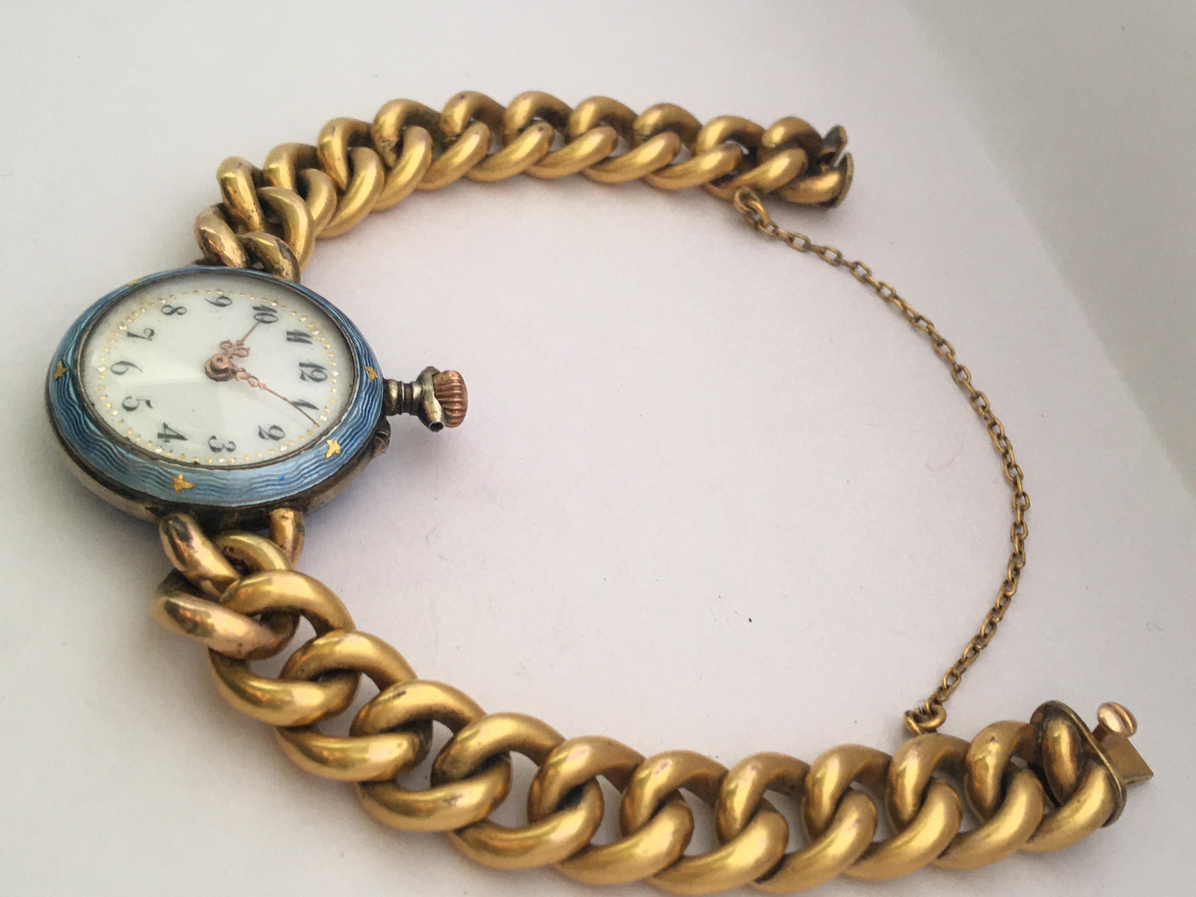 Antique Silver Blue Enamel Ladies Trench Watch For Sale 3