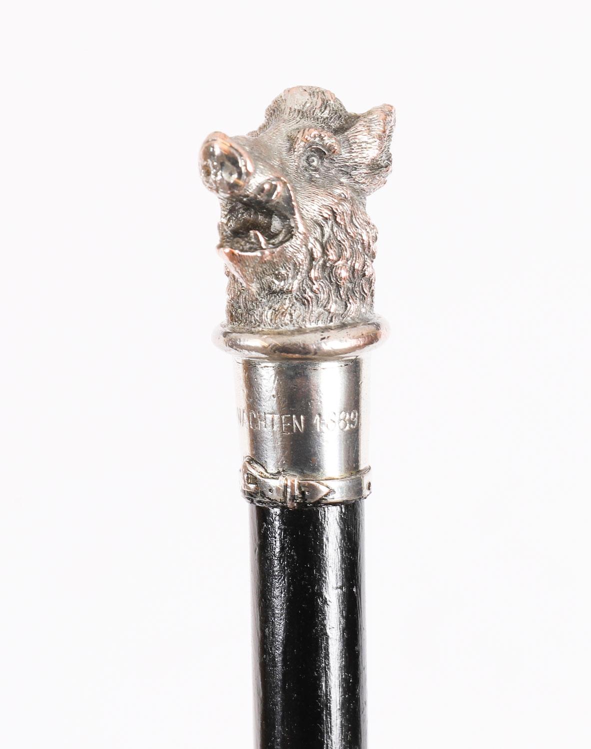 Antico bastone da passeggio in argento con testa di cinghiale Ducato di Lussemburgo XIX secolo in vendita 4