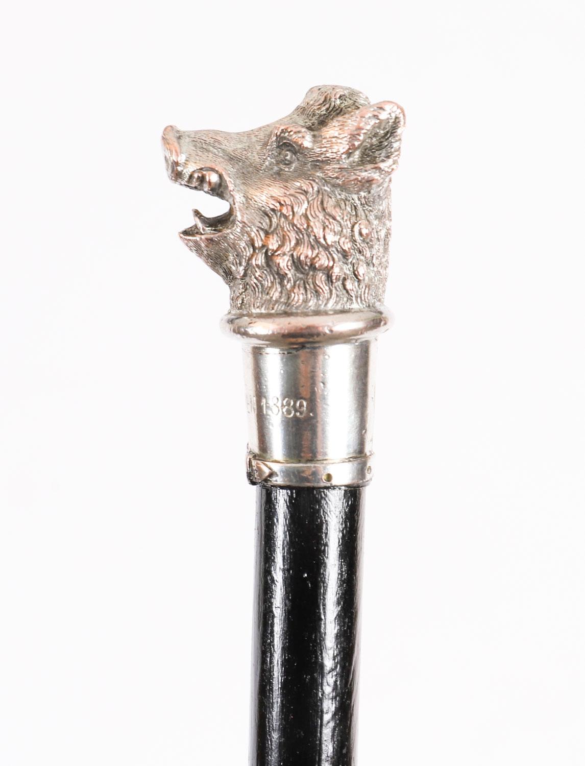 Antico bastone da passeggio in argento con testa di cinghiale Ducato di Lussemburgo XIX secolo in vendita 5