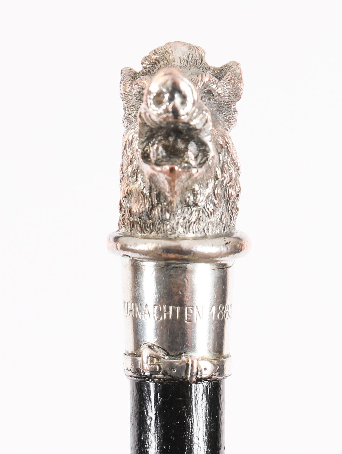 Tedesco Antico bastone da passeggio in argento con testa di cinghiale Ducato di Lussemburgo XIX secolo in vendita