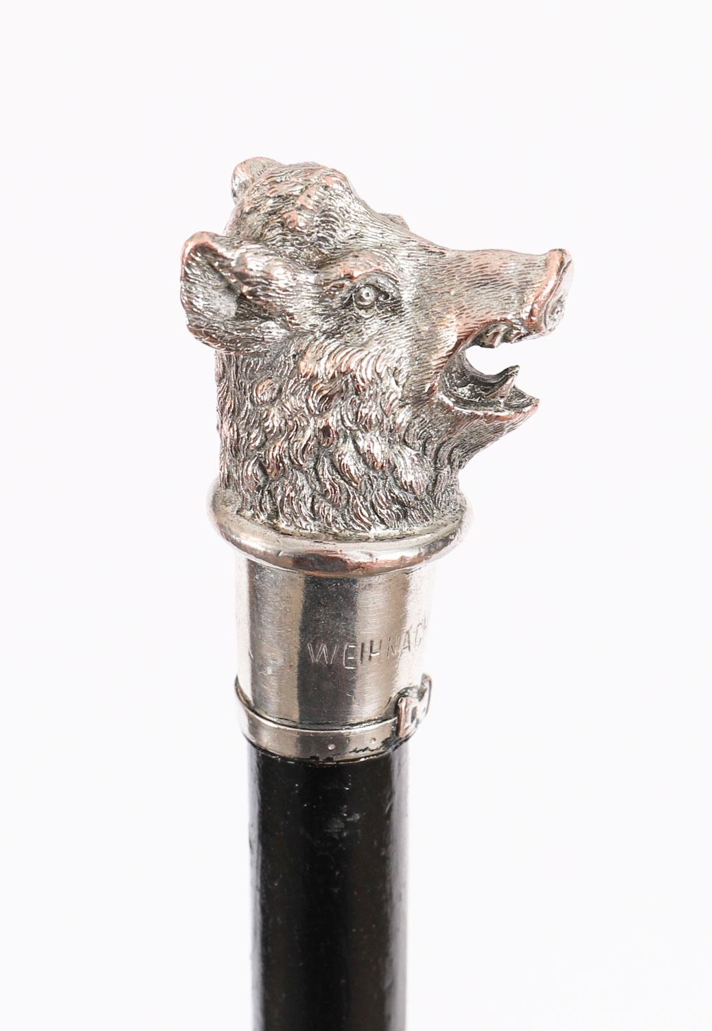 Antico bastone da passeggio in argento con testa di cinghiale Ducato di Lussemburgo XIX secolo in vendita 1