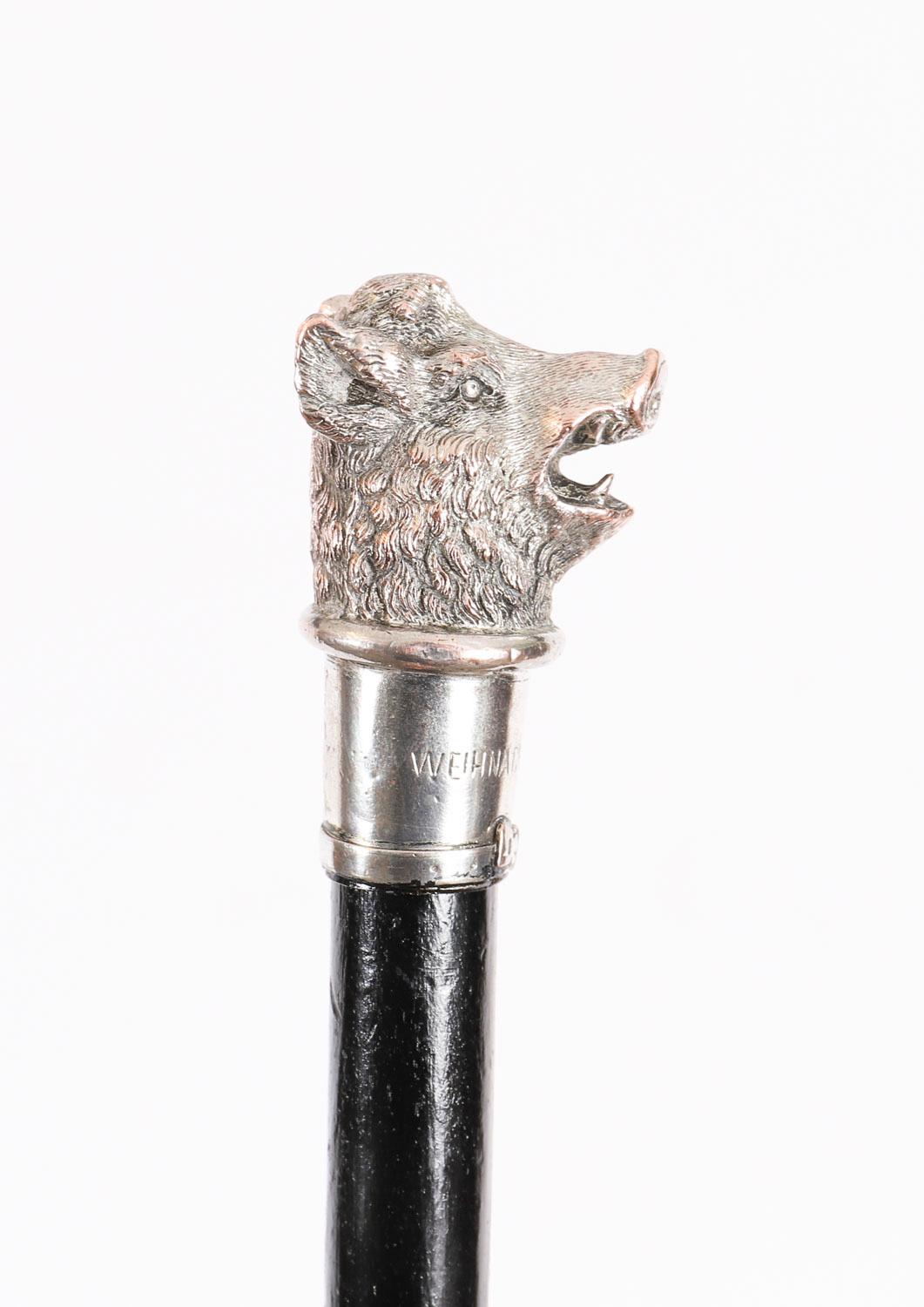 Antico bastone da passeggio in argento con testa di cinghiale Ducato di Lussemburgo XIX secolo in vendita 3