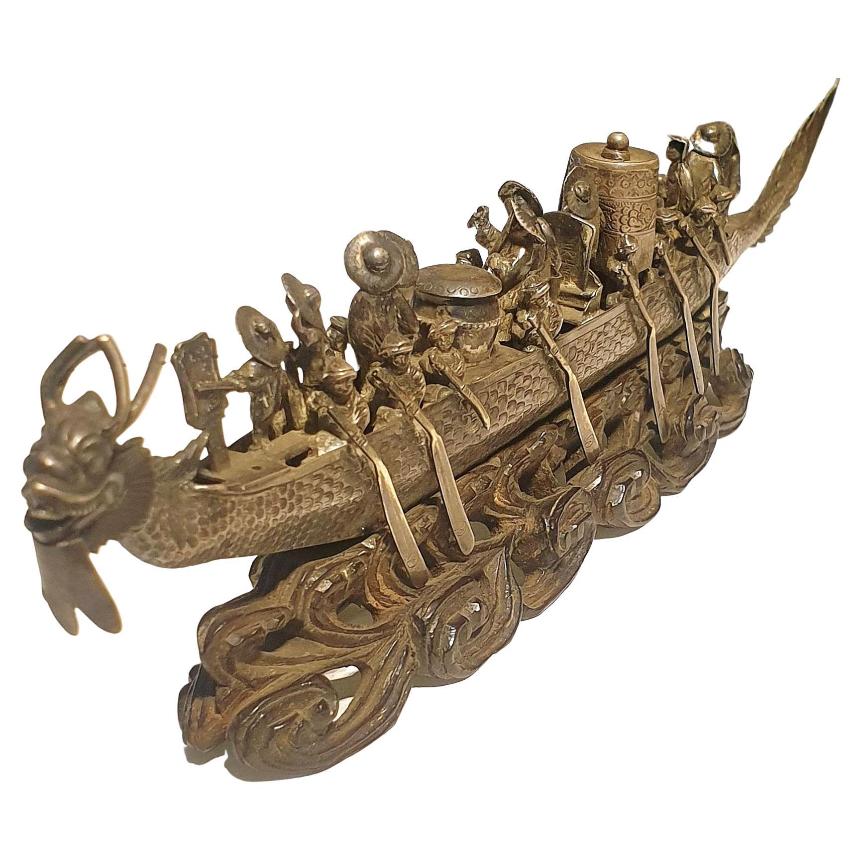 Antique Chinese Dynasty Silver Boat For Sale