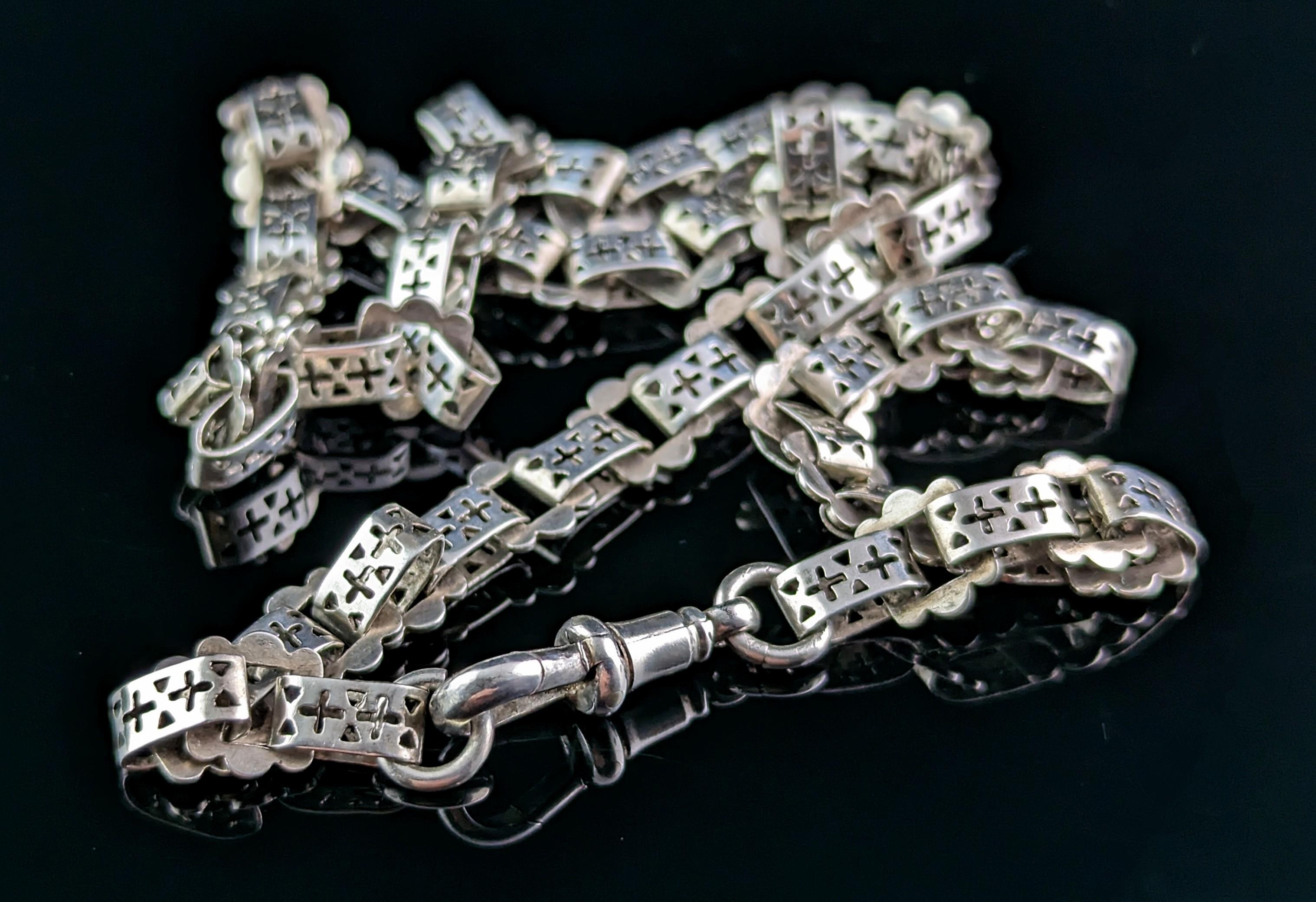 Women's Antique Silver Book Chain Necklace, Victorian Collar