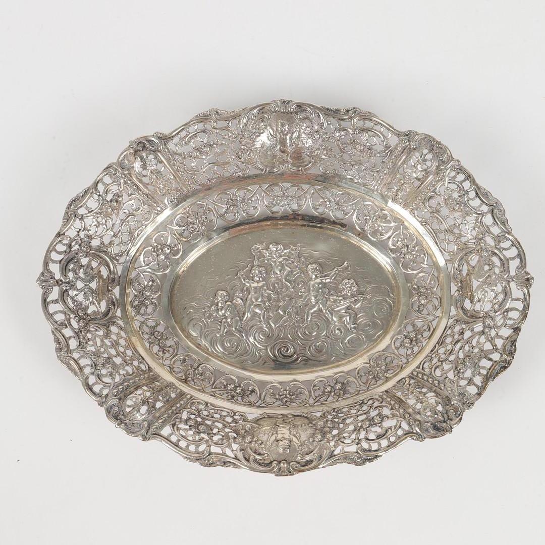 Swedish Antique Silver Bowl Small Fruit Basket with Relief, Openwork Decorative Object For Sale