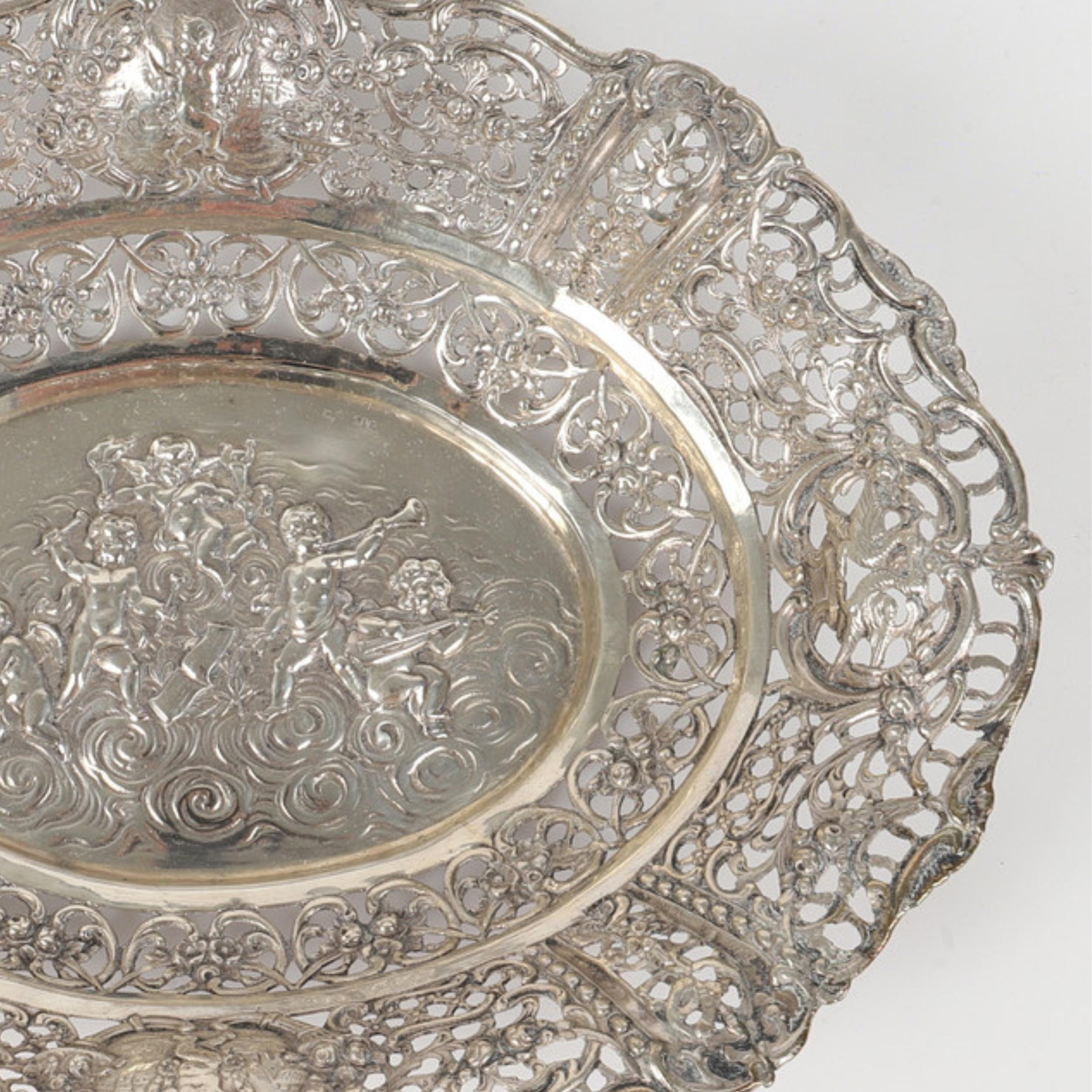 Mid-20th Century Antique Sterling Silver Bowl Small Fruit Basket Relief Pictori Decorative Object For Sale