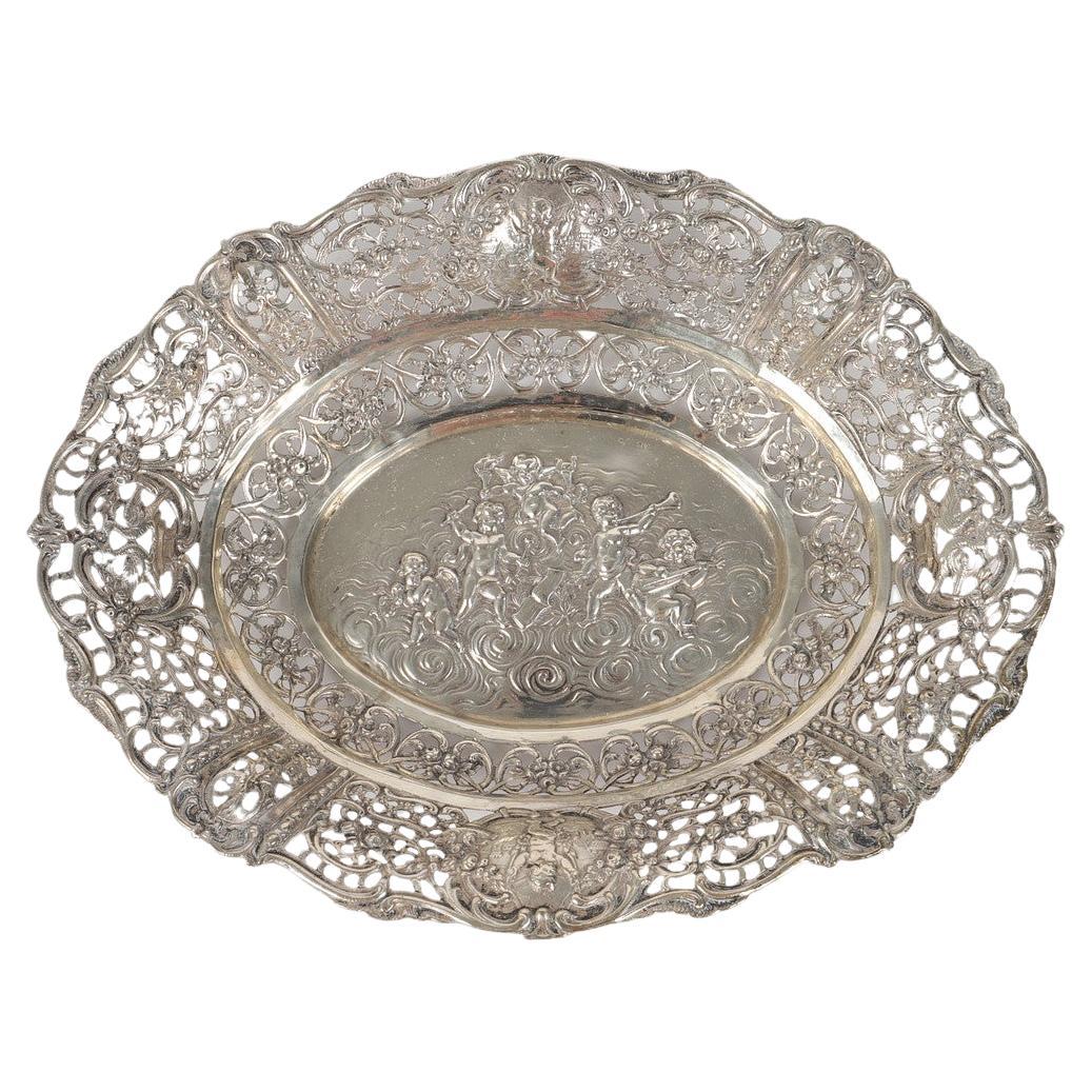 Antiguo cuenco de plata Pequeña cesta de fruta con relieve, objeto decorativo calado