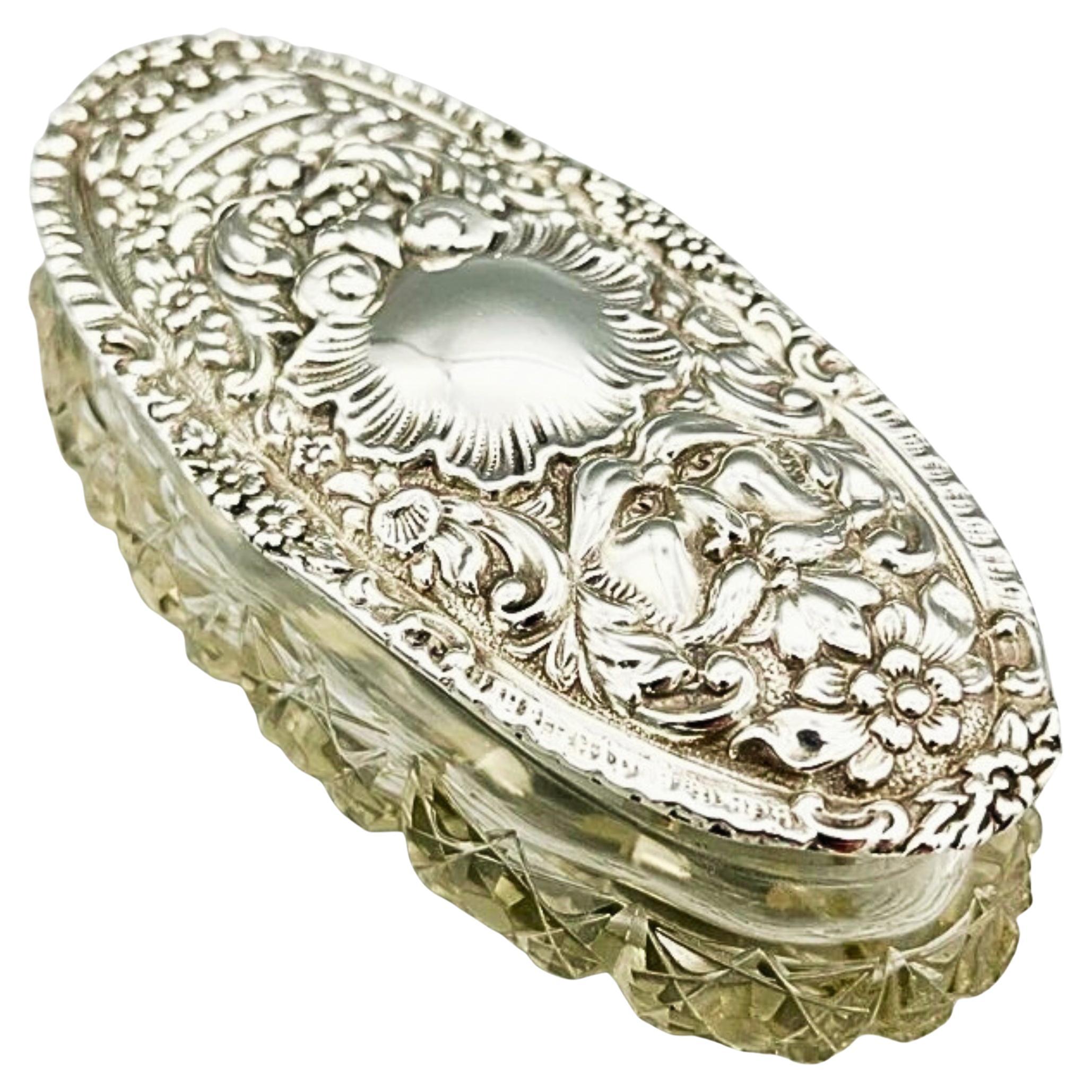 Antique Silver BOX Decorative Box, Sterling Silver EDWARDIAN CUT Crystal Pot N&H en vente