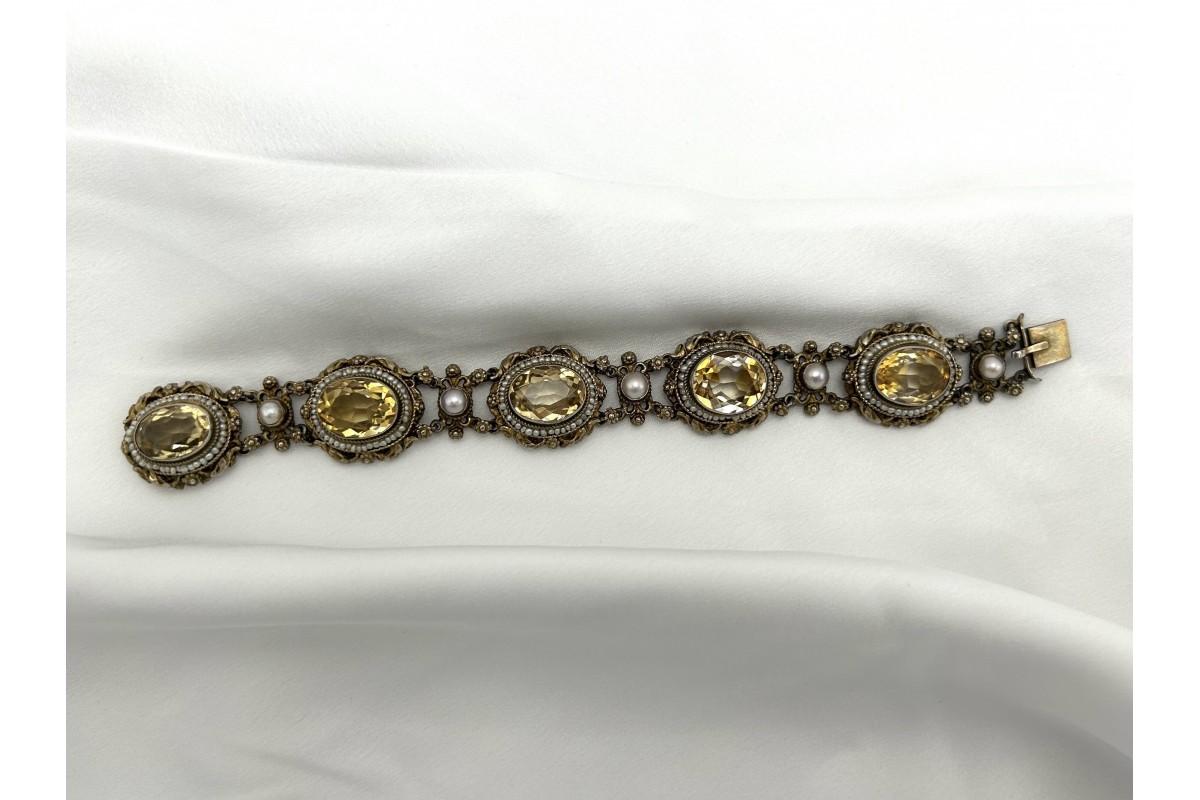 Early Victorian Antique silver bracelet with citrine and pearls, circa 1900.