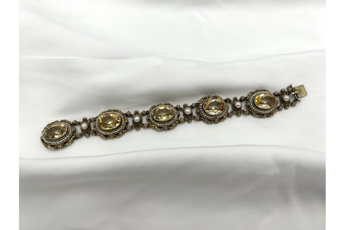 Oval Cut Antique silver bracelet with citrine and pearls, circa 1900.