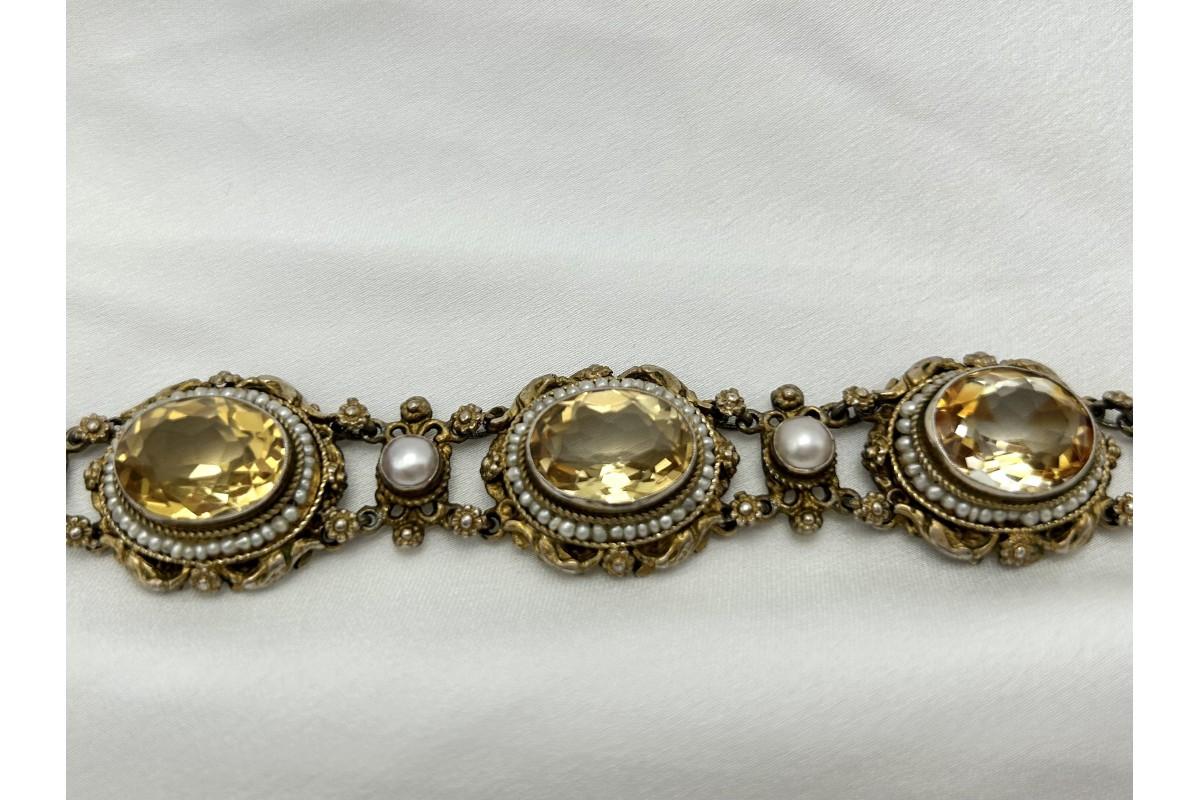 Women's or Men's Antique silver bracelet with citrine and pearls, circa 1900.
