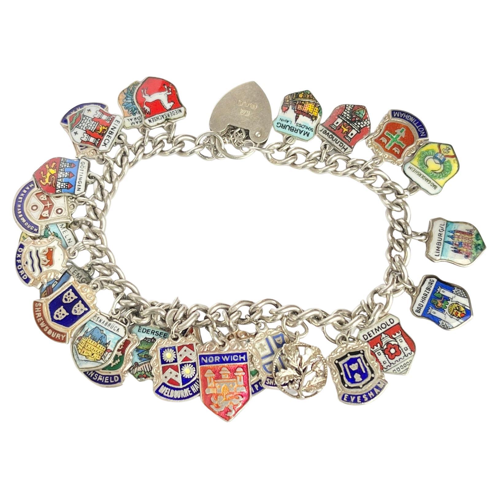 Antique Silver Bracelet With City Shield Charms For Sale