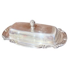 Antico piattino da burro in argento con fodera in cristallo e cucchiaio, elegante servizio da tavola vintage