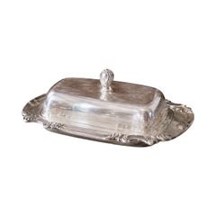Antiguo Plato de Mantequilla de Plata con Forro de Cristal y Cuchara, Elegante Vajilla Vintage