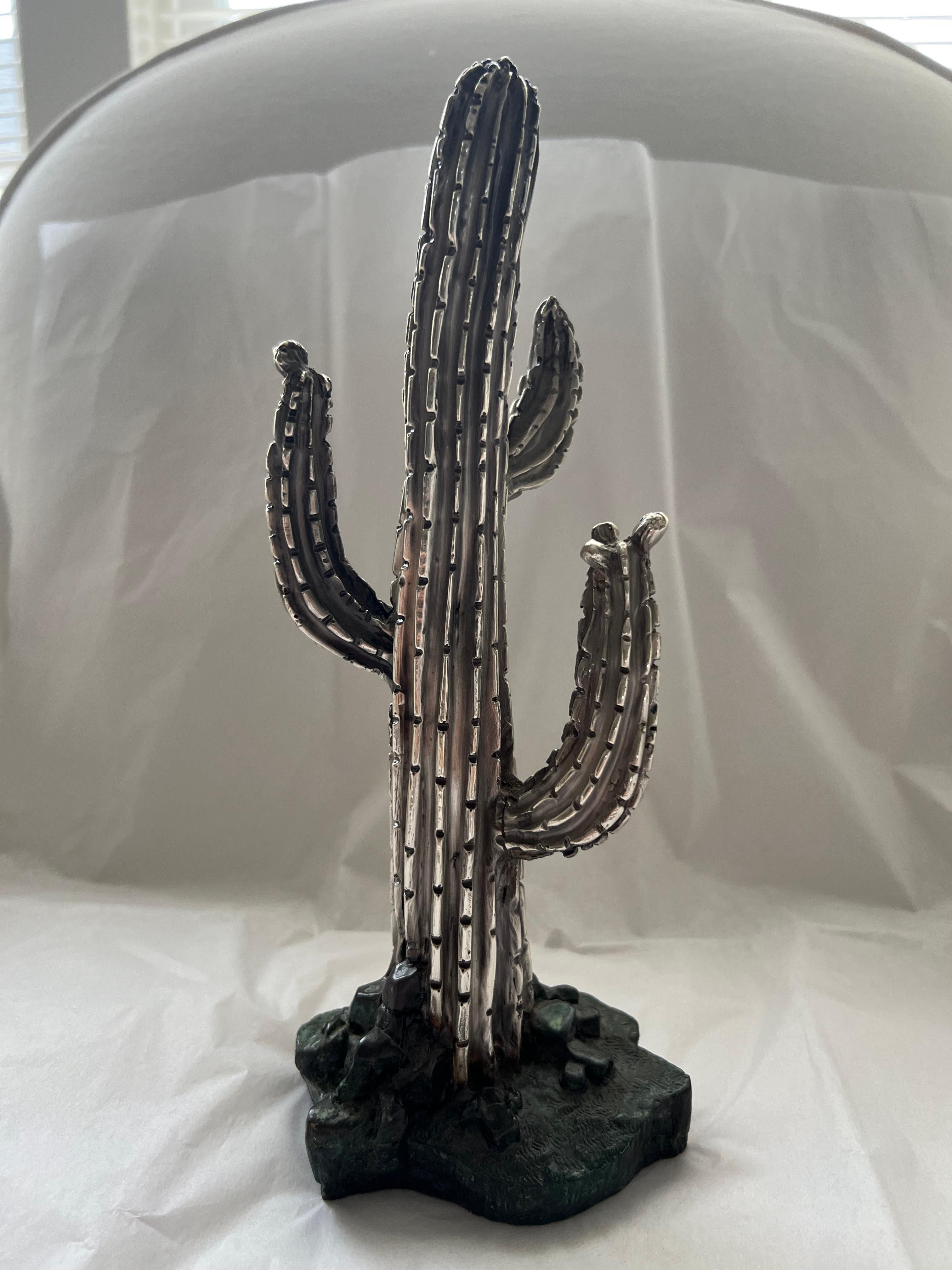Antique Silver Cactus Tree Statue Galt Vintage Estate Classic Decoration Item In Fair Condition For Sale In Oakton, VA