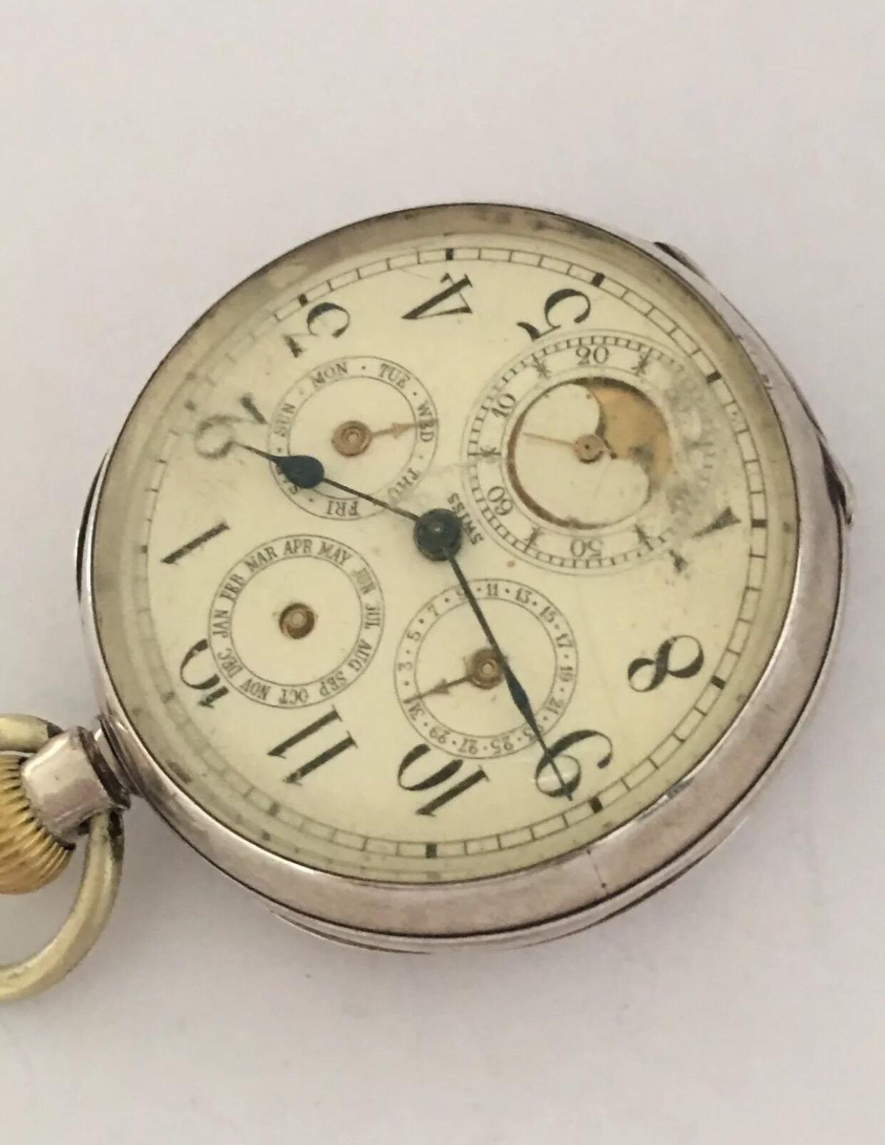 Antique Silver Calendar Pocket Watch For Sale 5