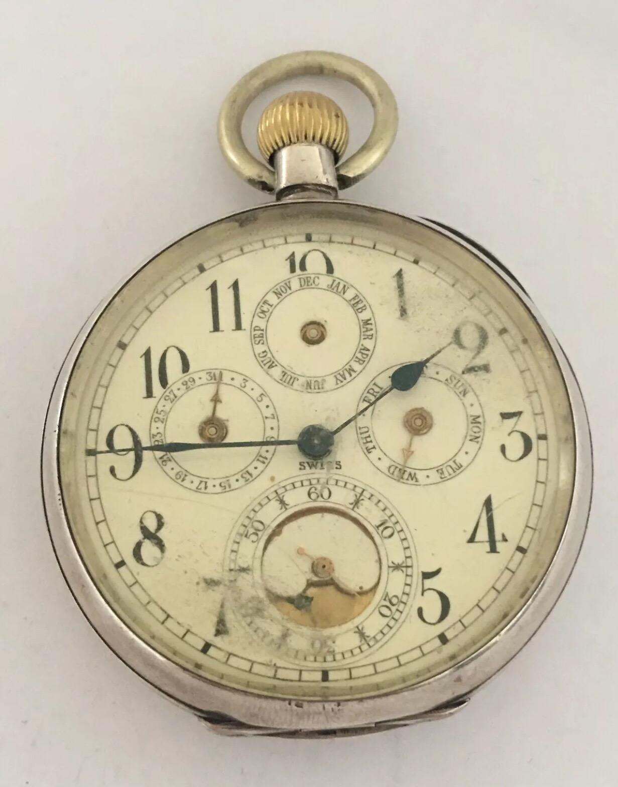 Women's or Men's Antique Silver Calendar Pocket Watch For Sale