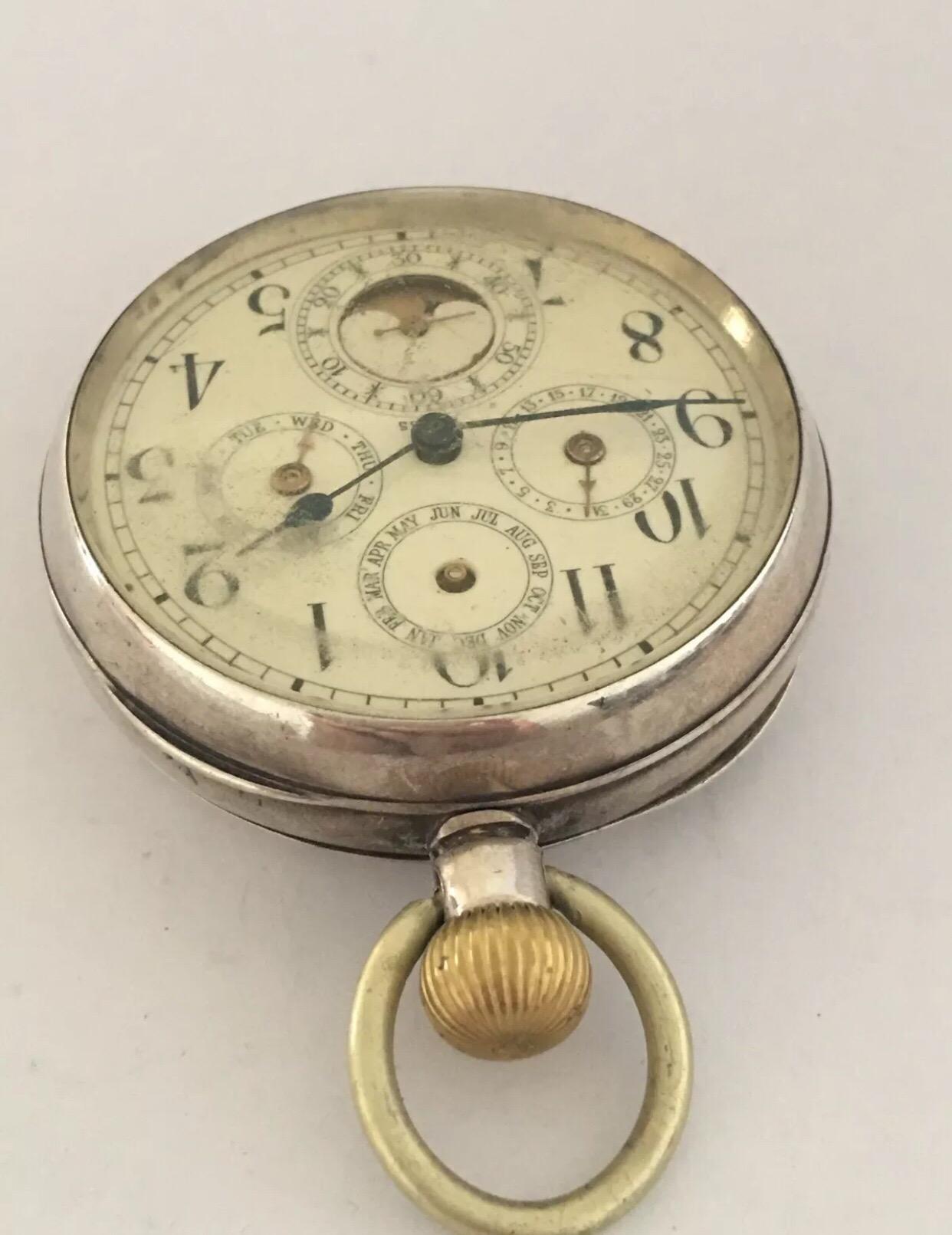 Antique Silver Calendar Pocket Watch For Sale 3