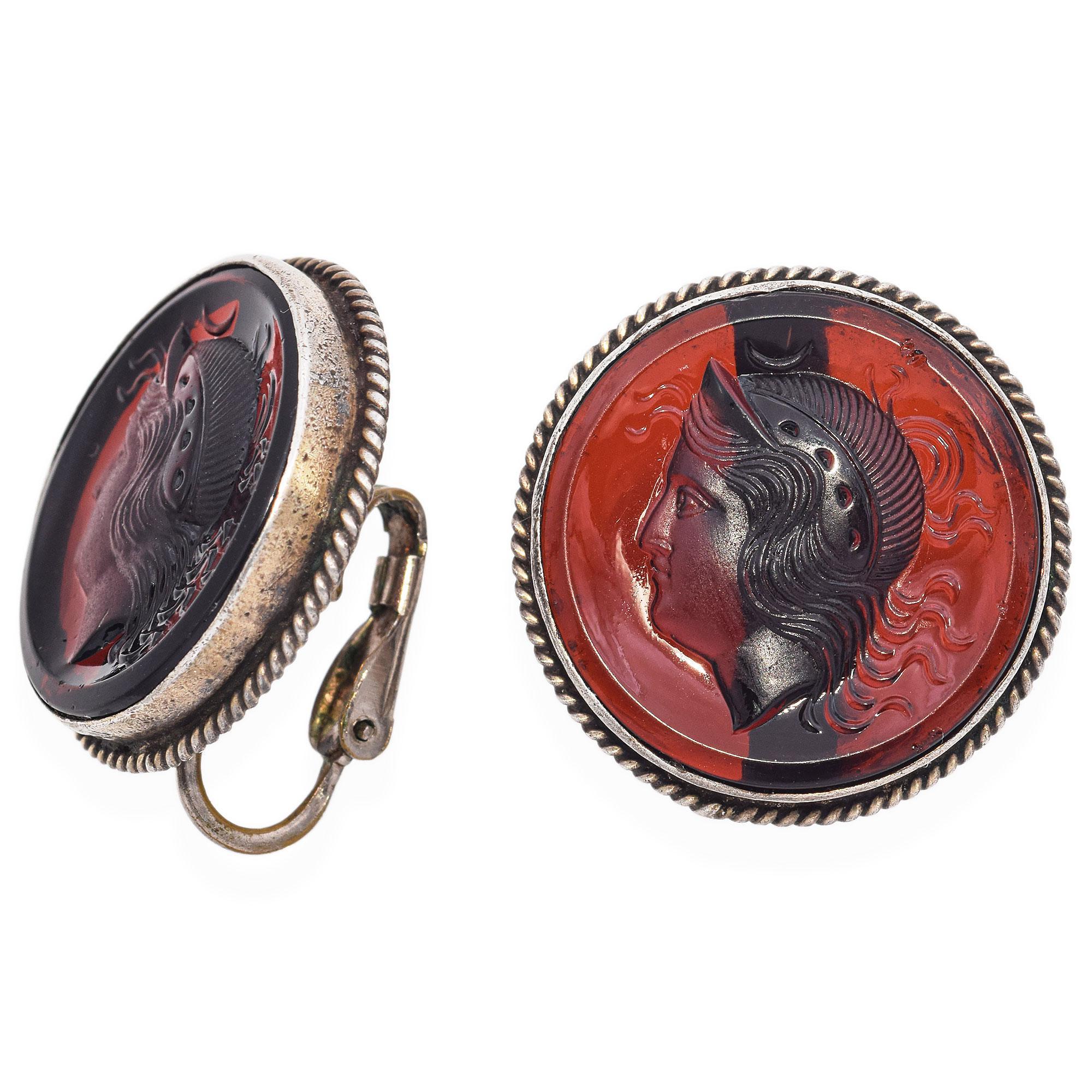 Classical Roman Antique Silver Carnelian Ancient Roman Themed Intaglio Clip On Earrings For Sale