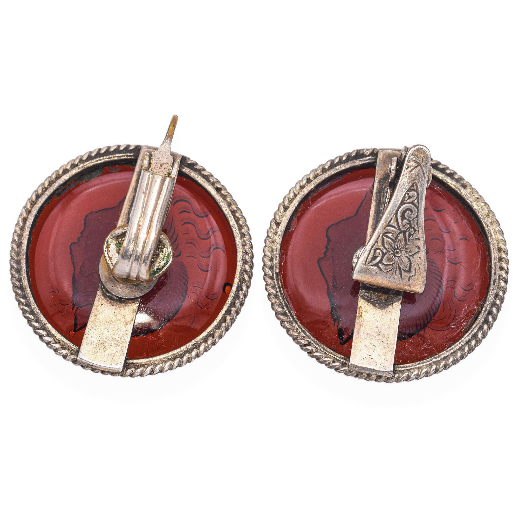 Uncut Antique Silver Carnelian Ancient Roman Themed Intaglio Clip On Earrings For Sale