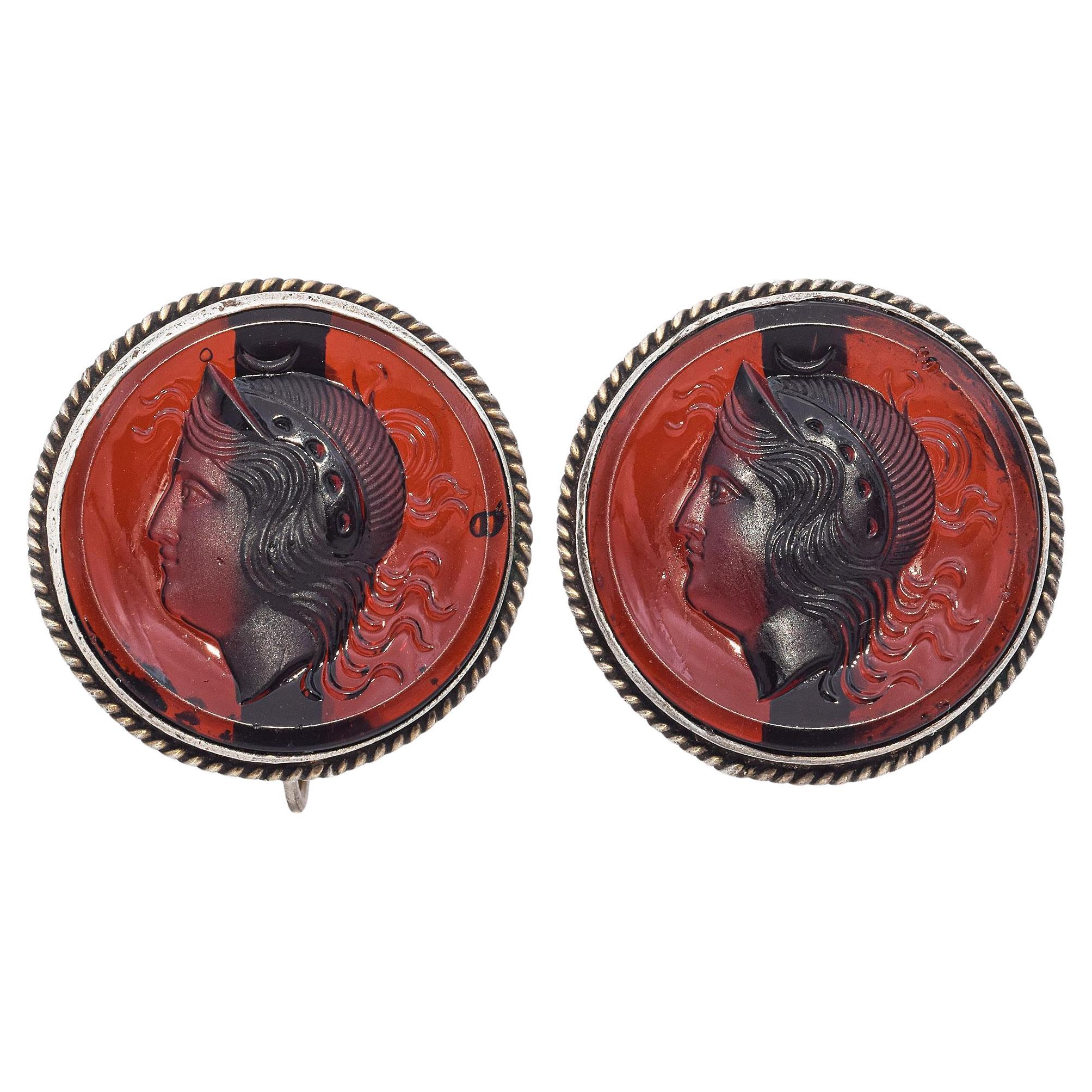 Antique Silver Carnelian Ancient Roman Themed Intaglio Clip On Earrings