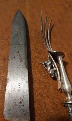 Antique Silver Carving Set of Knofe and Fork embellished with a protective Stag