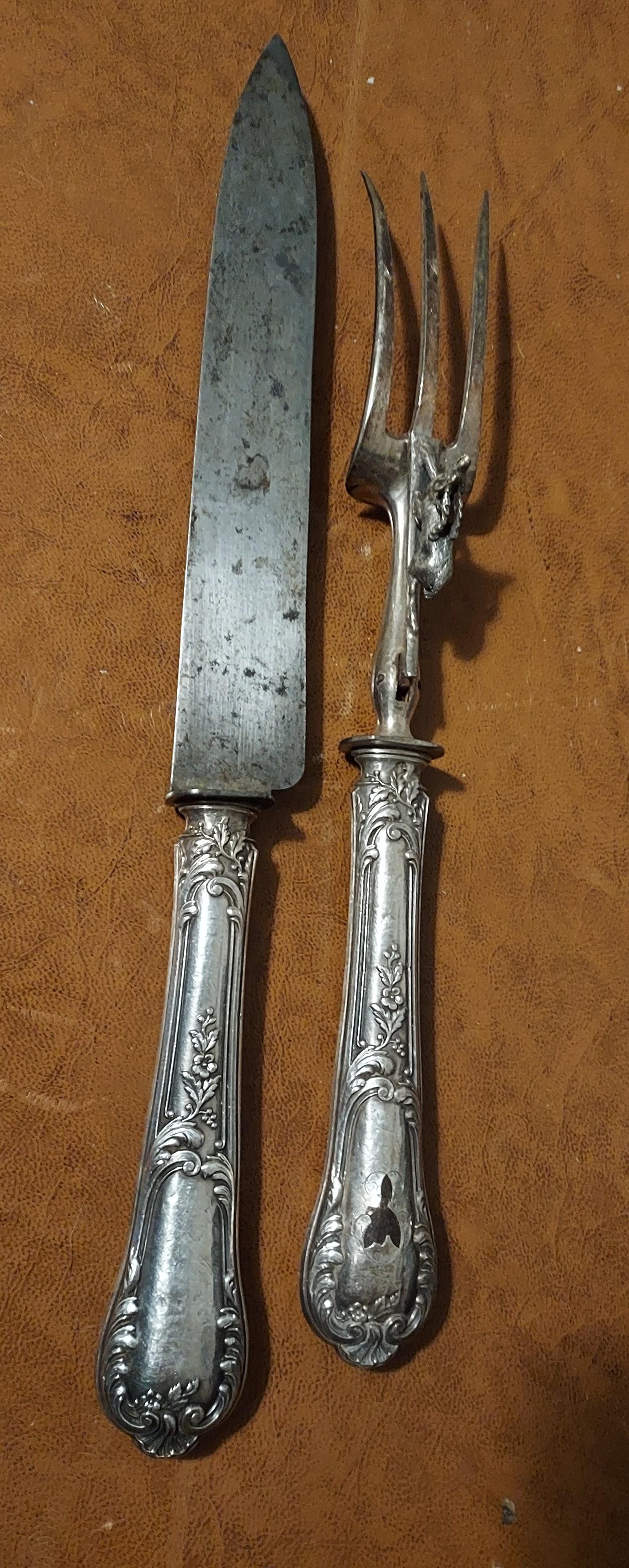 French Antique Silver Carving Set of Knofe and Fork embellished with a protective Stag For Sale