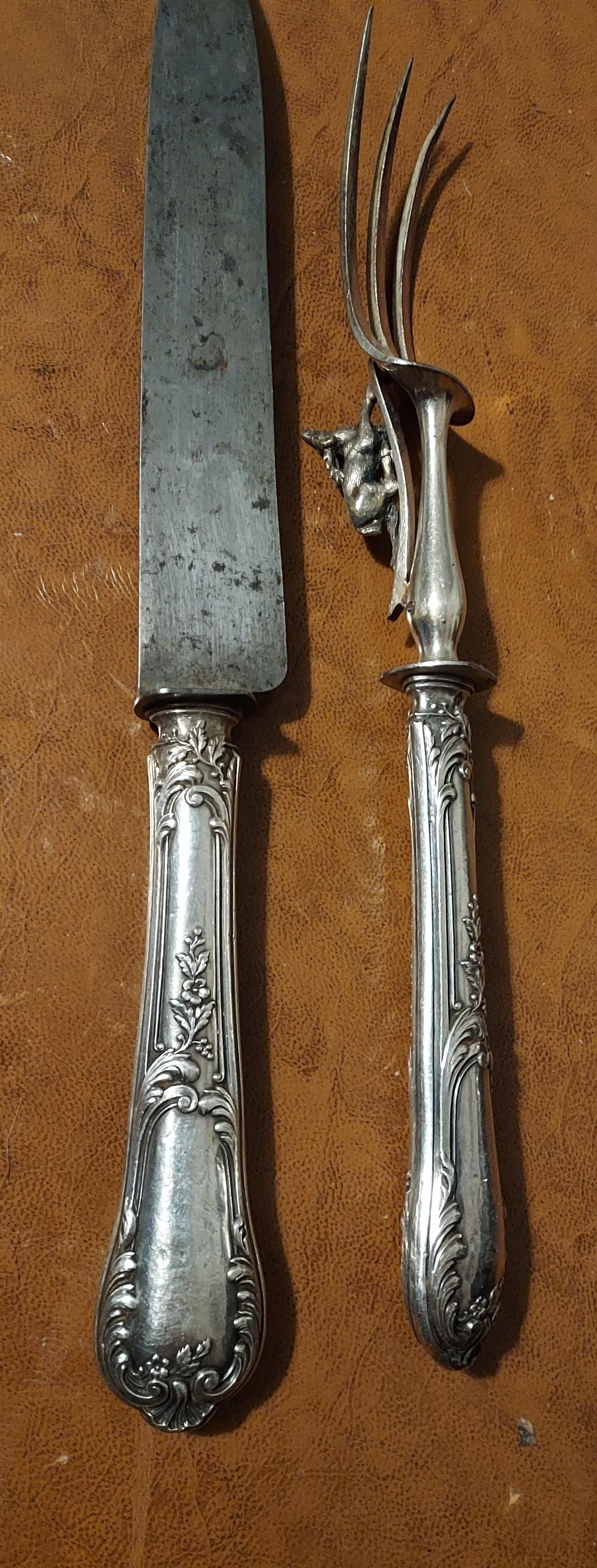 19th Century Antique Silver Carving Set of Knofe and Fork embellished with a protective Stag For Sale