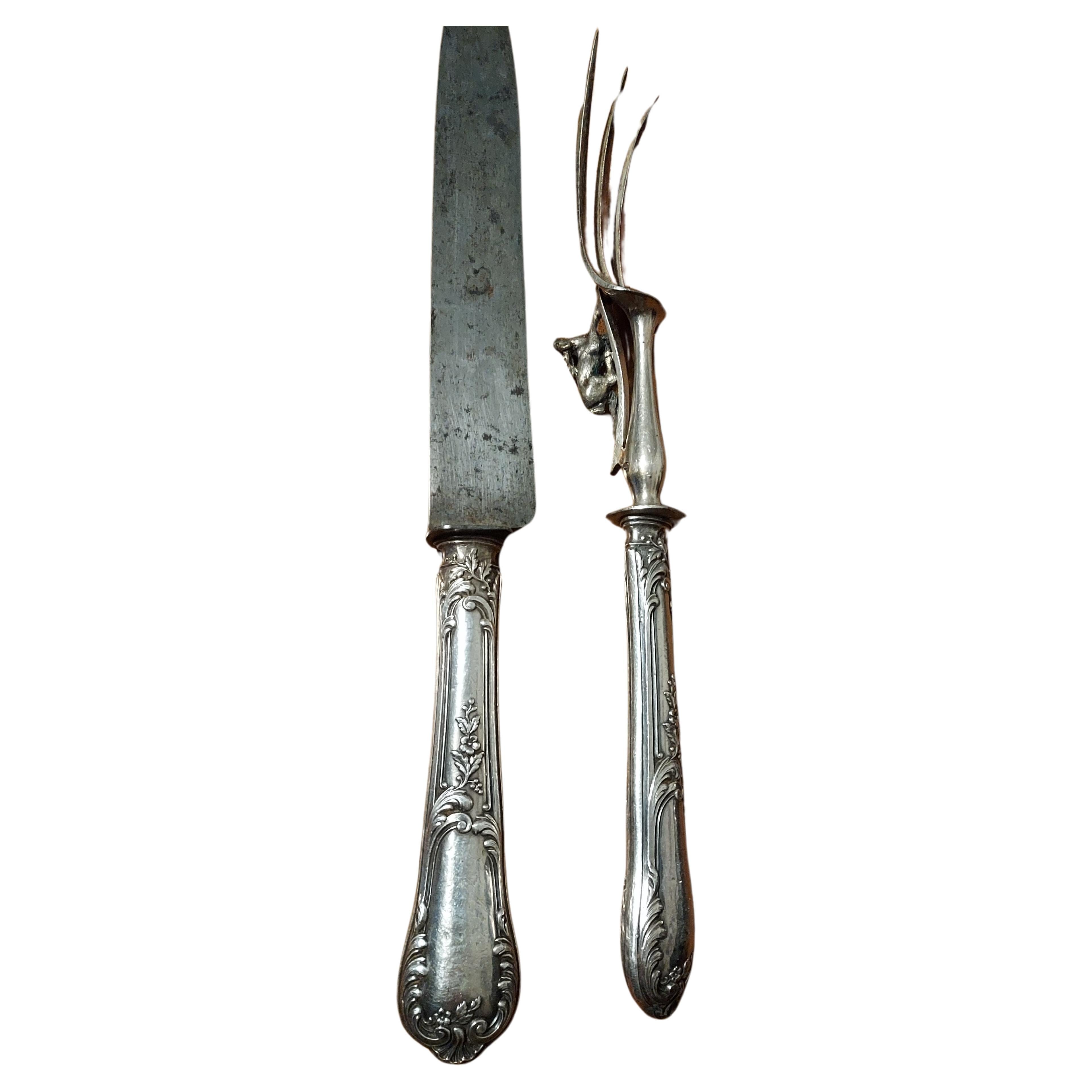 Antique Silver Carving Set of Knofe and Fork embellished with a protective Stag For Sale