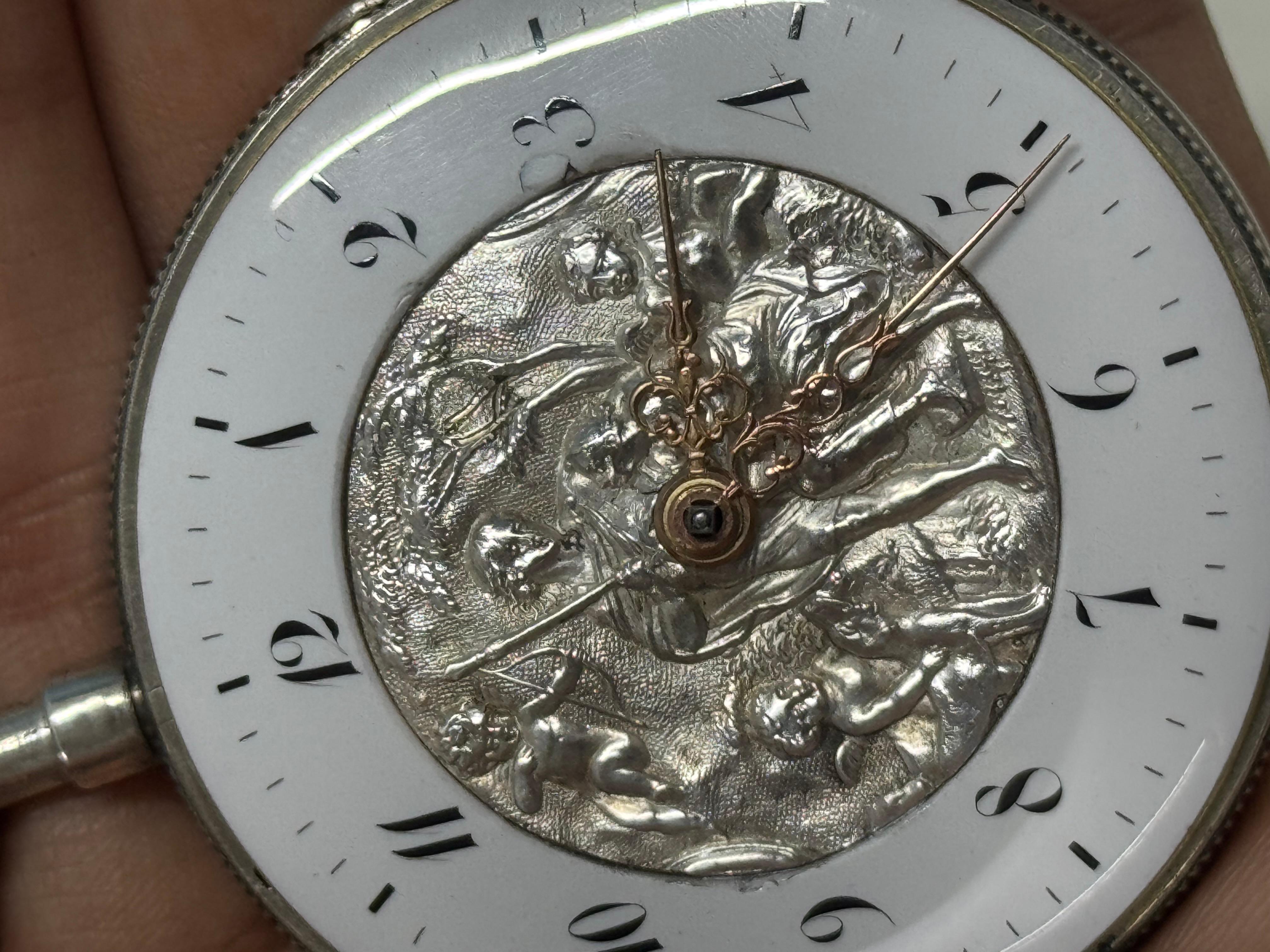 da uomo o donna Antique Silver incassato French Verge Quarter Repeater Pocket Watch 54mm Repousse in vendita