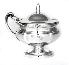 Antique Silver Caviar Dish with Lid, Spoon and Blue Glass, English Hallmarked